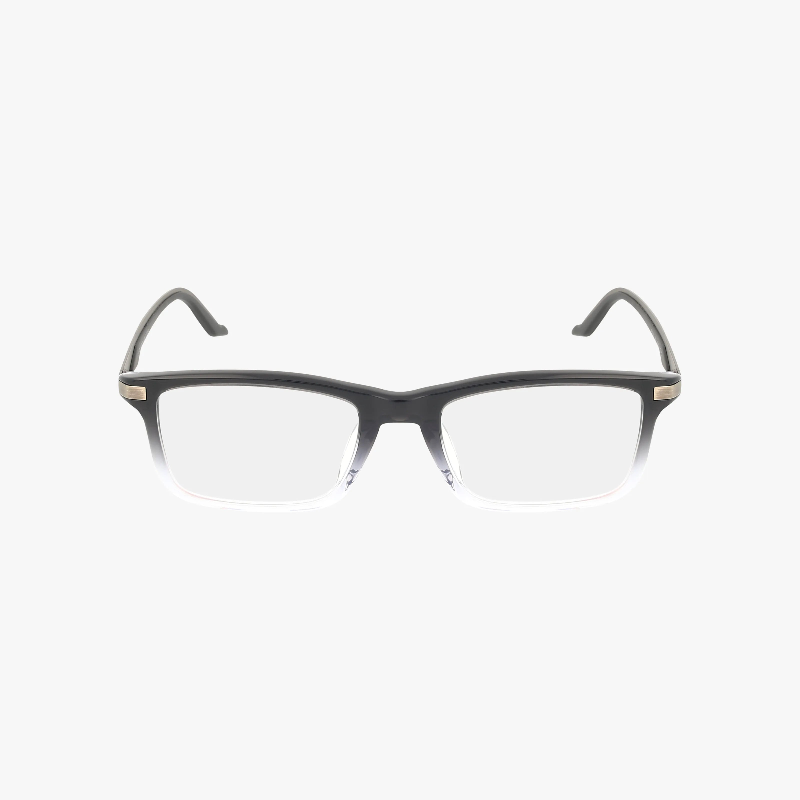 The PU0410O eyeglasses feature a modern rectangular frame—black at the top, fading to clear at the bottom—and are displayed on a plain white background.