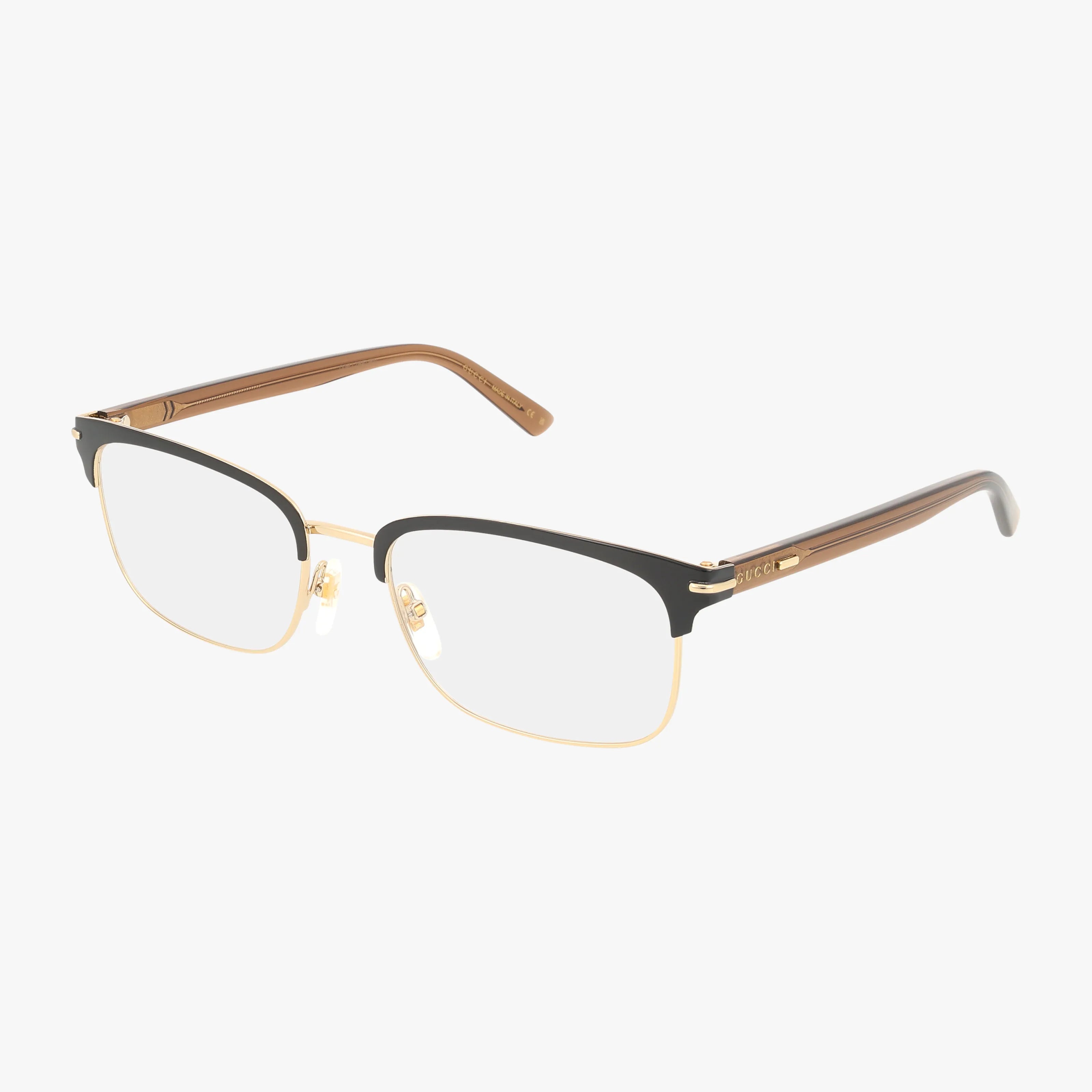 The GG1448O eyeglasses feature rectangular gold metal frames with black detailing on the upper rims, brown arms, a bold design, clear progressive lenses, adjustable nose pads, and are shown on a white background.