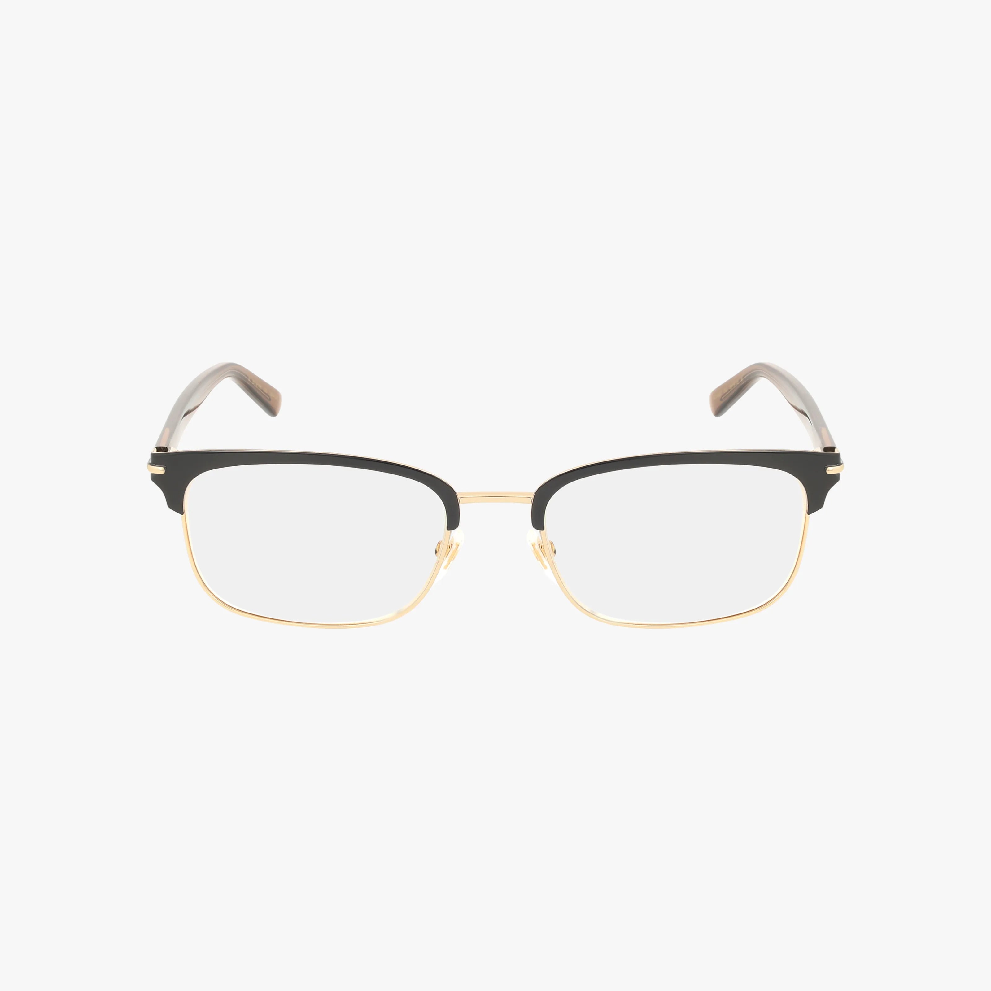The GG1448O rectangular eyeglasses feature a bold black upper rim, gold lower rims, clear lenses, and black temples with gold accents, creating a sleek look against a plain white background.