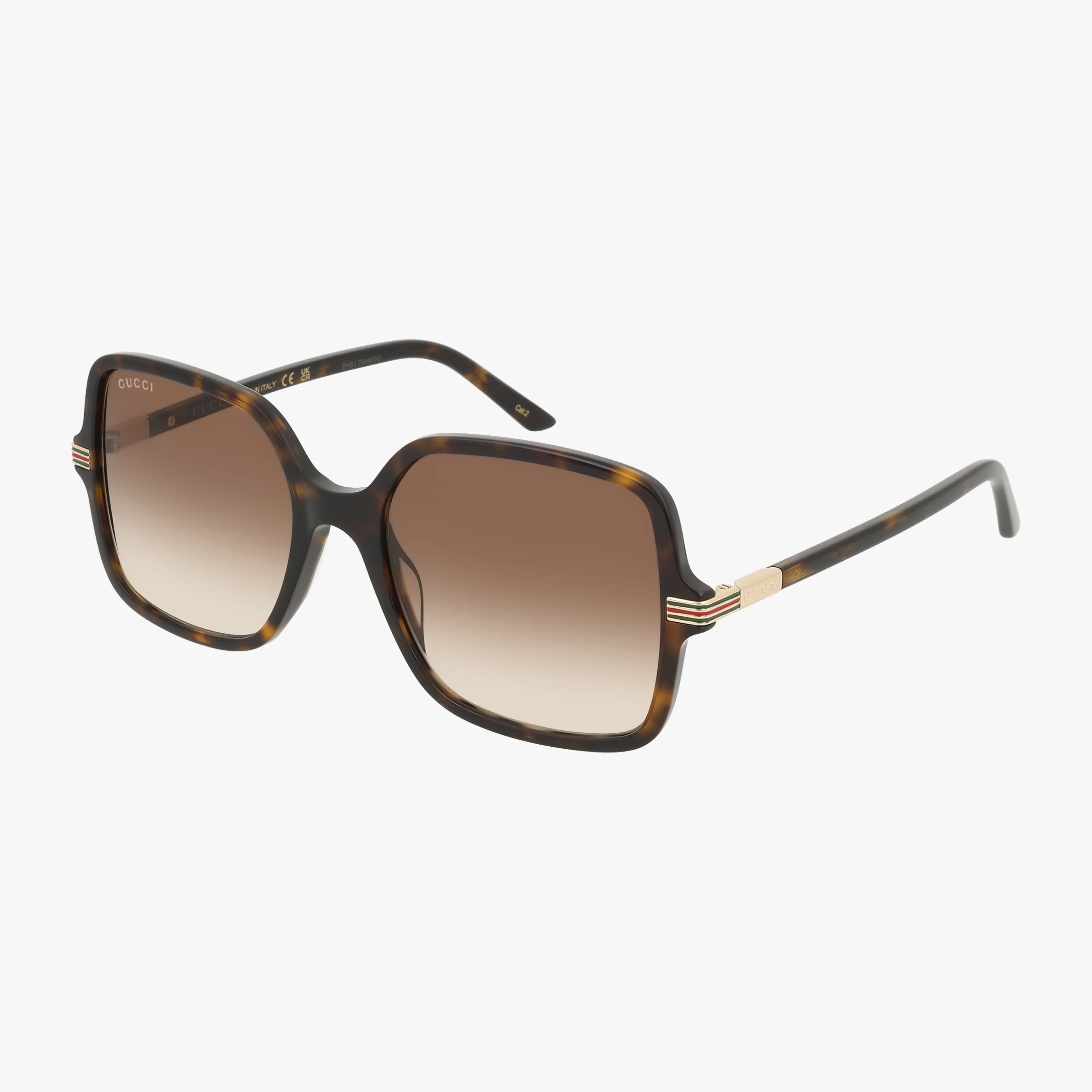The GG1449S features brown tortoiseshell square frames, gradient brown lenses with UV protection, gold hinge detailing, and a subtle Gucci logo on the top corner of the left lens.
