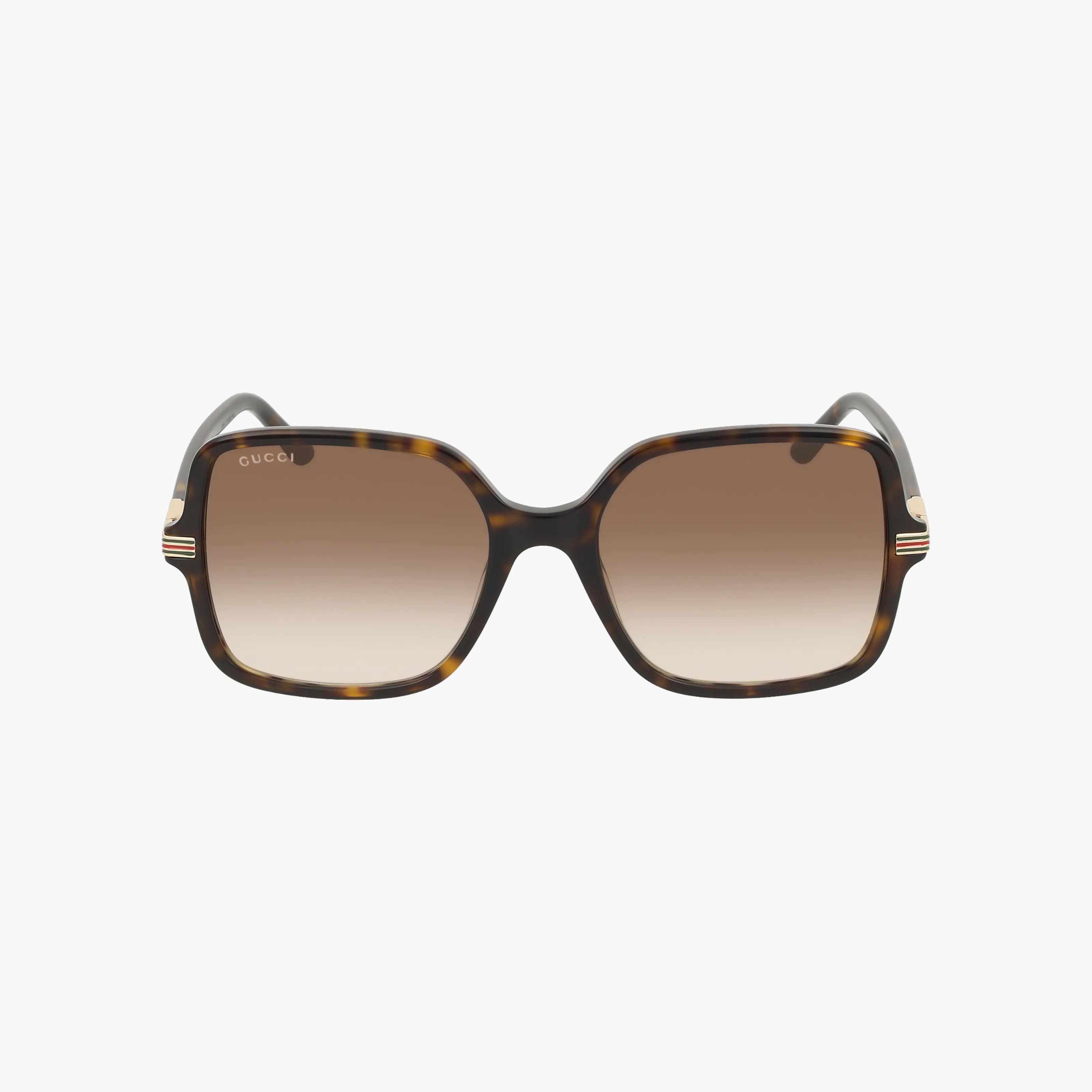 Front view of the GG1449S oversized square sunglasses featuring a durable brown tortoiseshell frame, gradient brown lenses, and subtle gold accents at the hinges. Enjoy UV protection that keeps your eyes both safe and stylish.