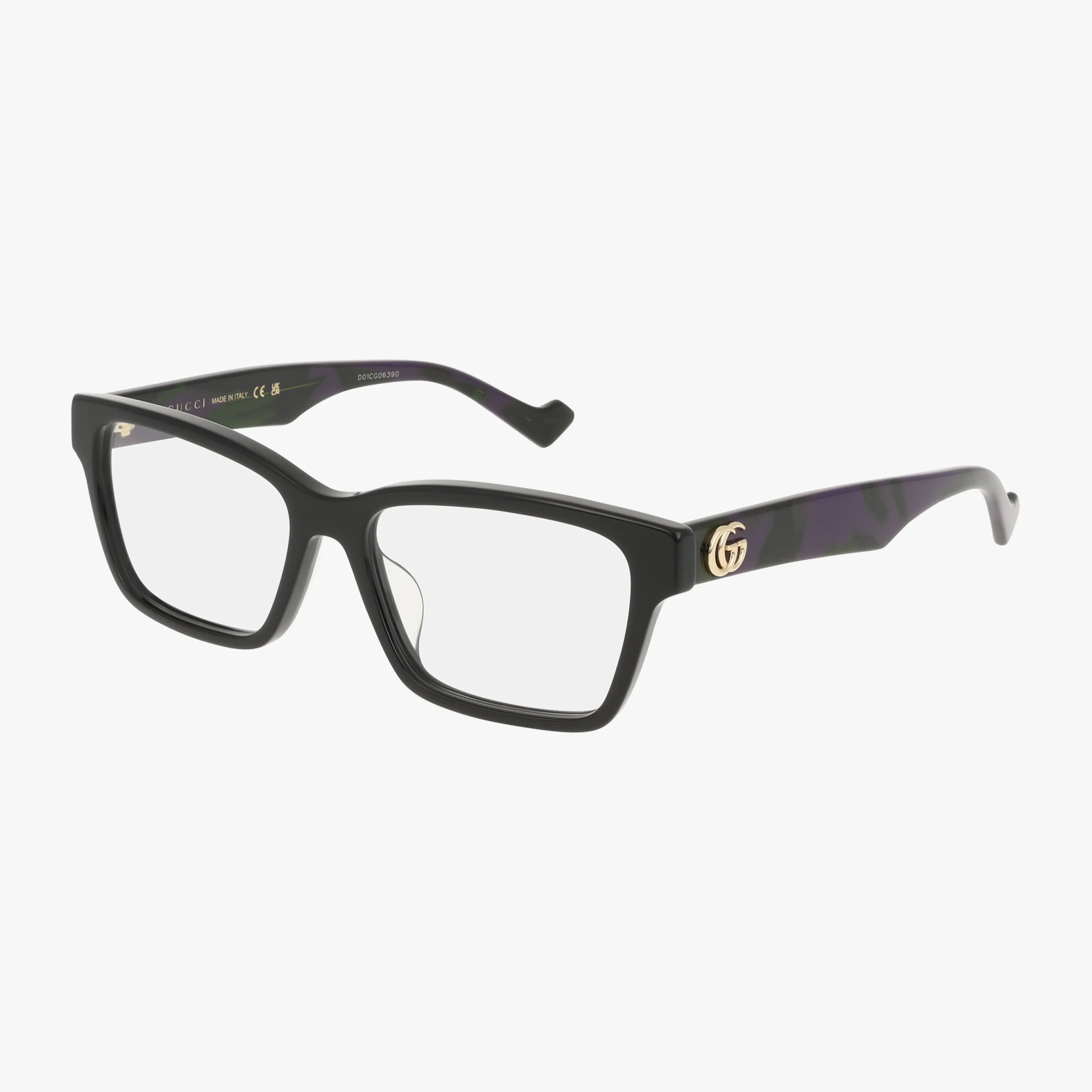 The GG1476OK eyeglasses feature a black rectangular frame, clear lenses, gold GG logo on the arms, and a subtle dark purple pattern inside—an ideal choice to elevate your eyewear collection through online shopping.