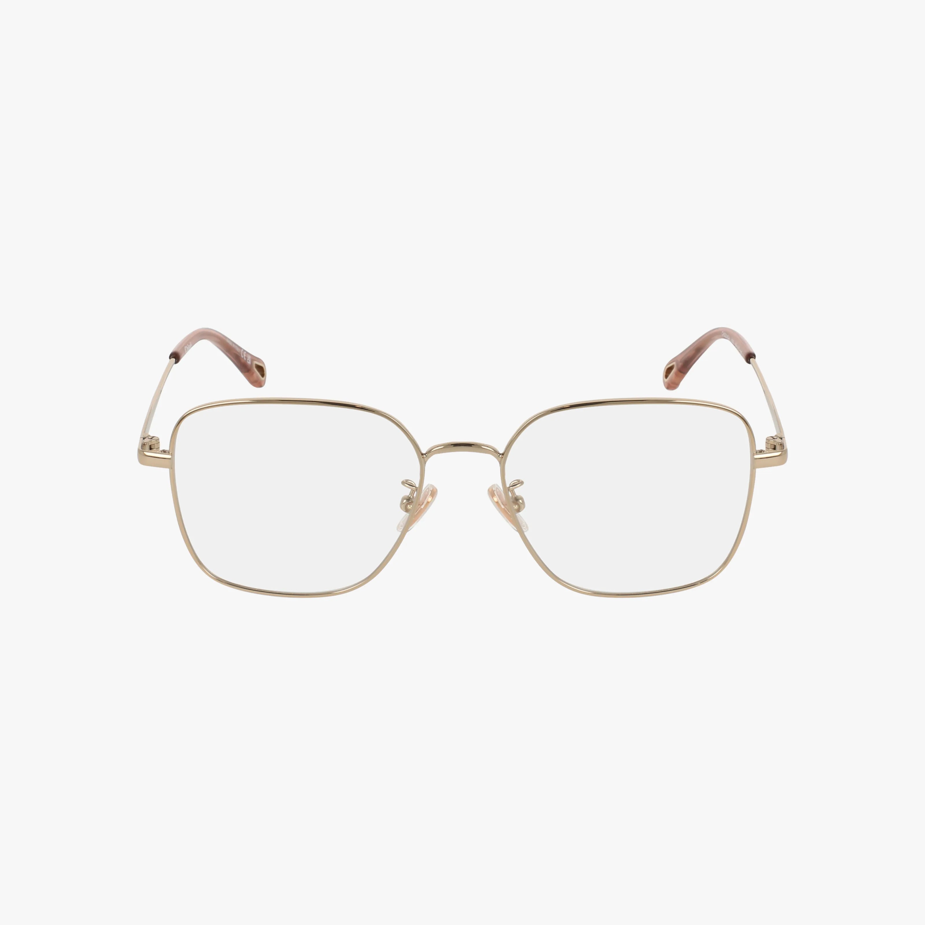 The CH0214OA gold metal eyeglasses feature rectangular rims, clear prescription lenses, adjustable nose pads, and brown-tipped temples, offering a modern and durable frame—shown on a white background.