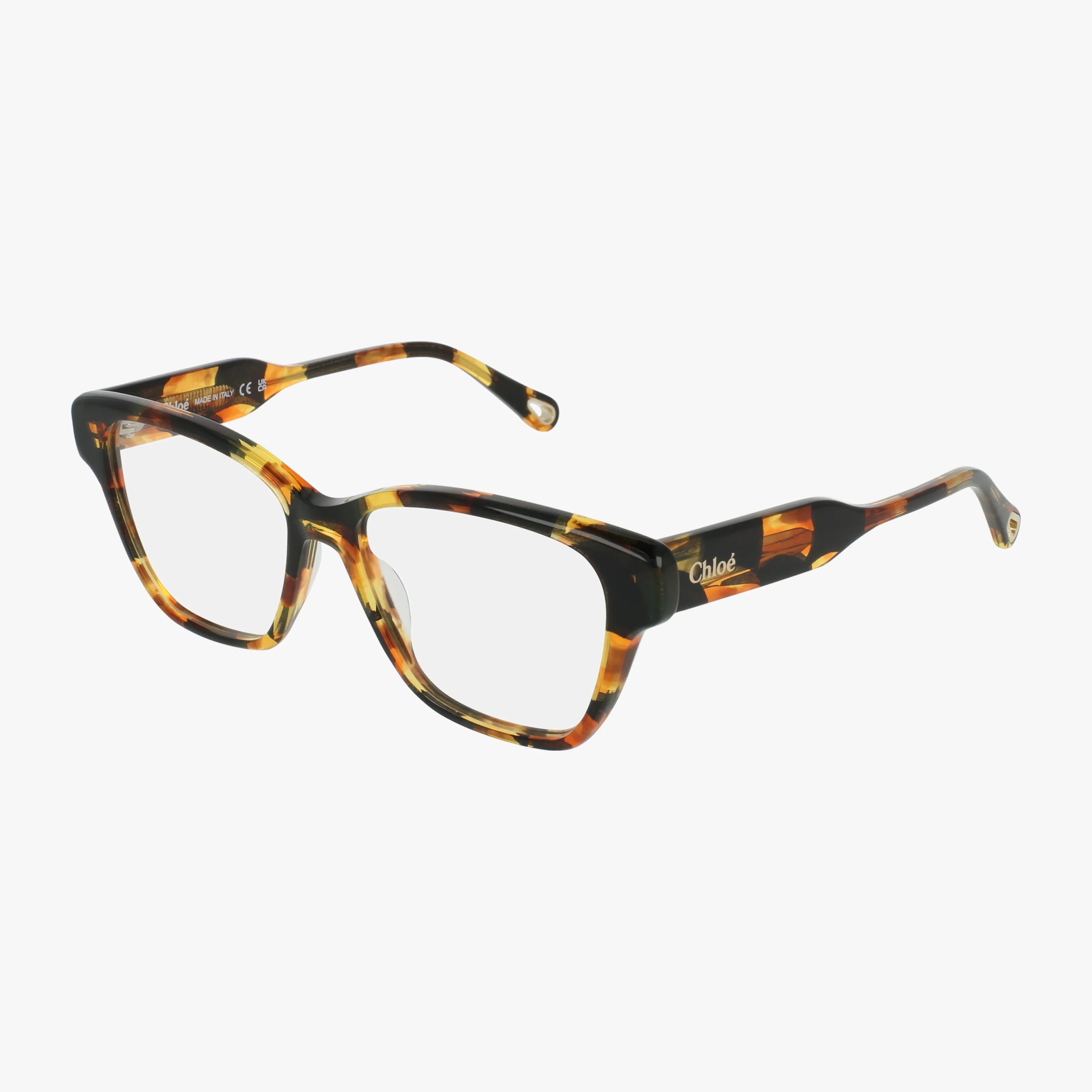 The CH0200O eyeglasses feature a tortoiseshell pattern, rectangular thick polished frames, clear lenses, and the Chloé logo on the temple, displayed against a white background for a stylish and durable look.