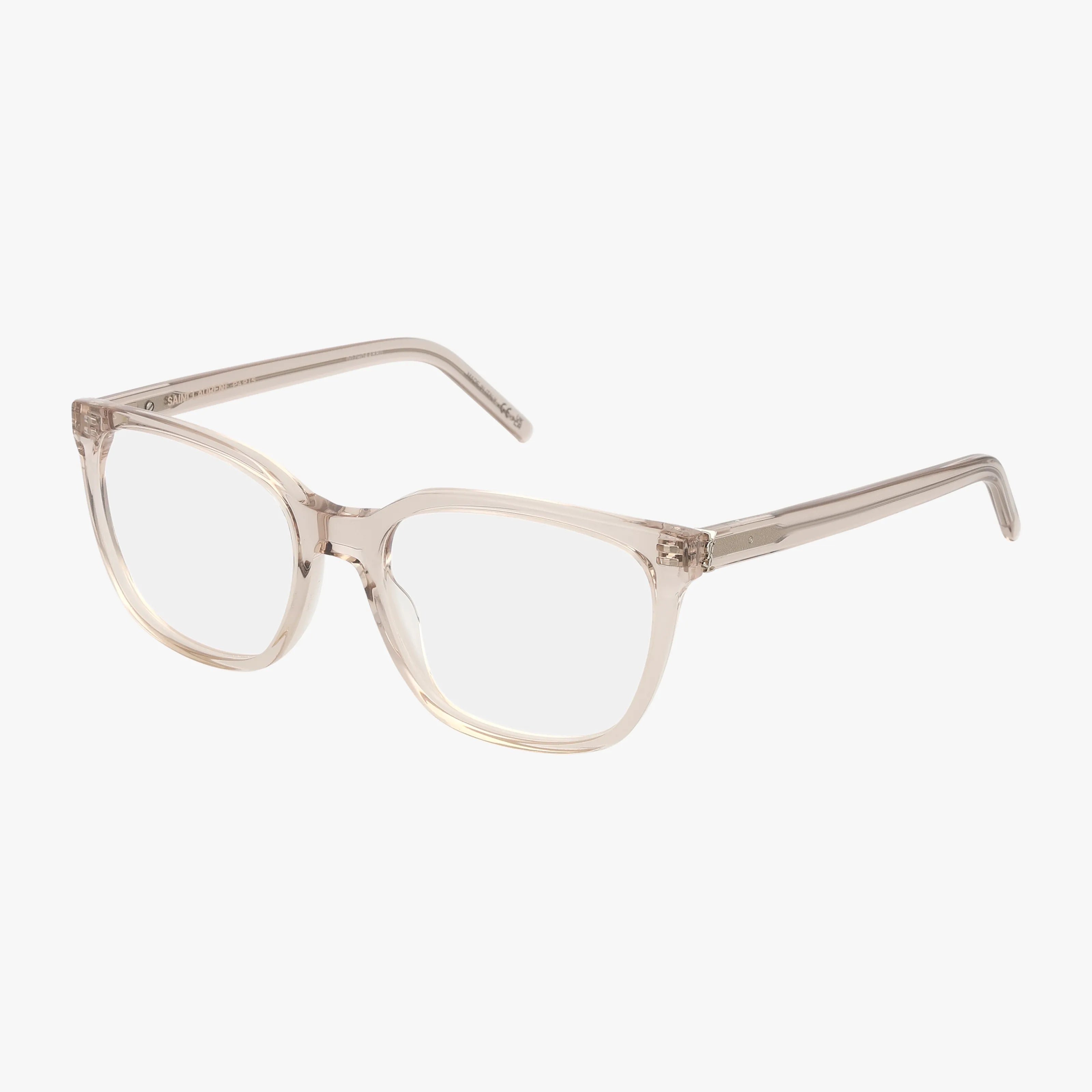 The SL M129 eyeglasses feature clear plastic frames, rectangular lenses with a slight cat-eye shape, and a stylish, well-balanced design, shown here on a white background.