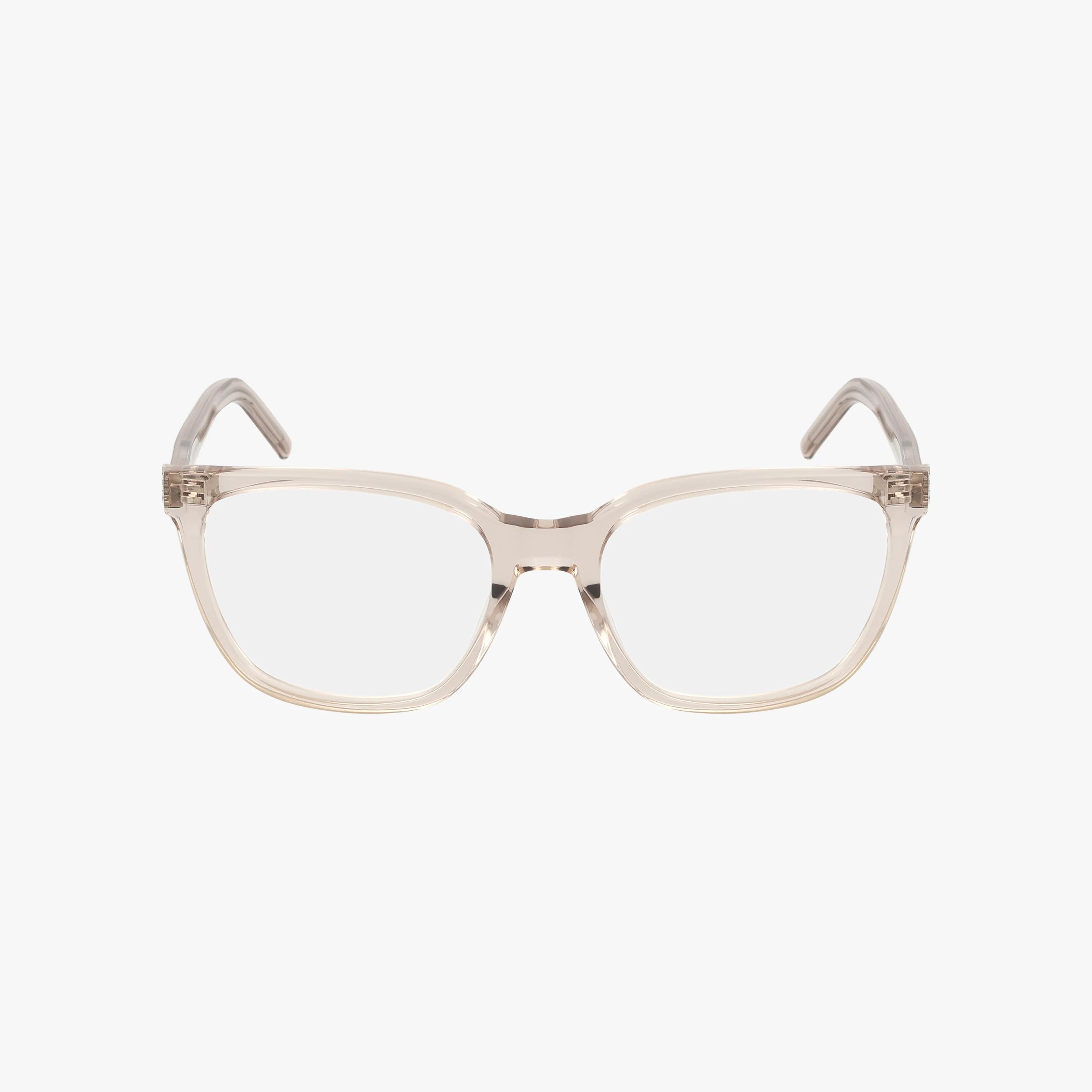 The SL M129 eyeglasses feature a clear plastic frame with rectangular lenses and slightly angled arms, displayed front-facing against a plain white background.