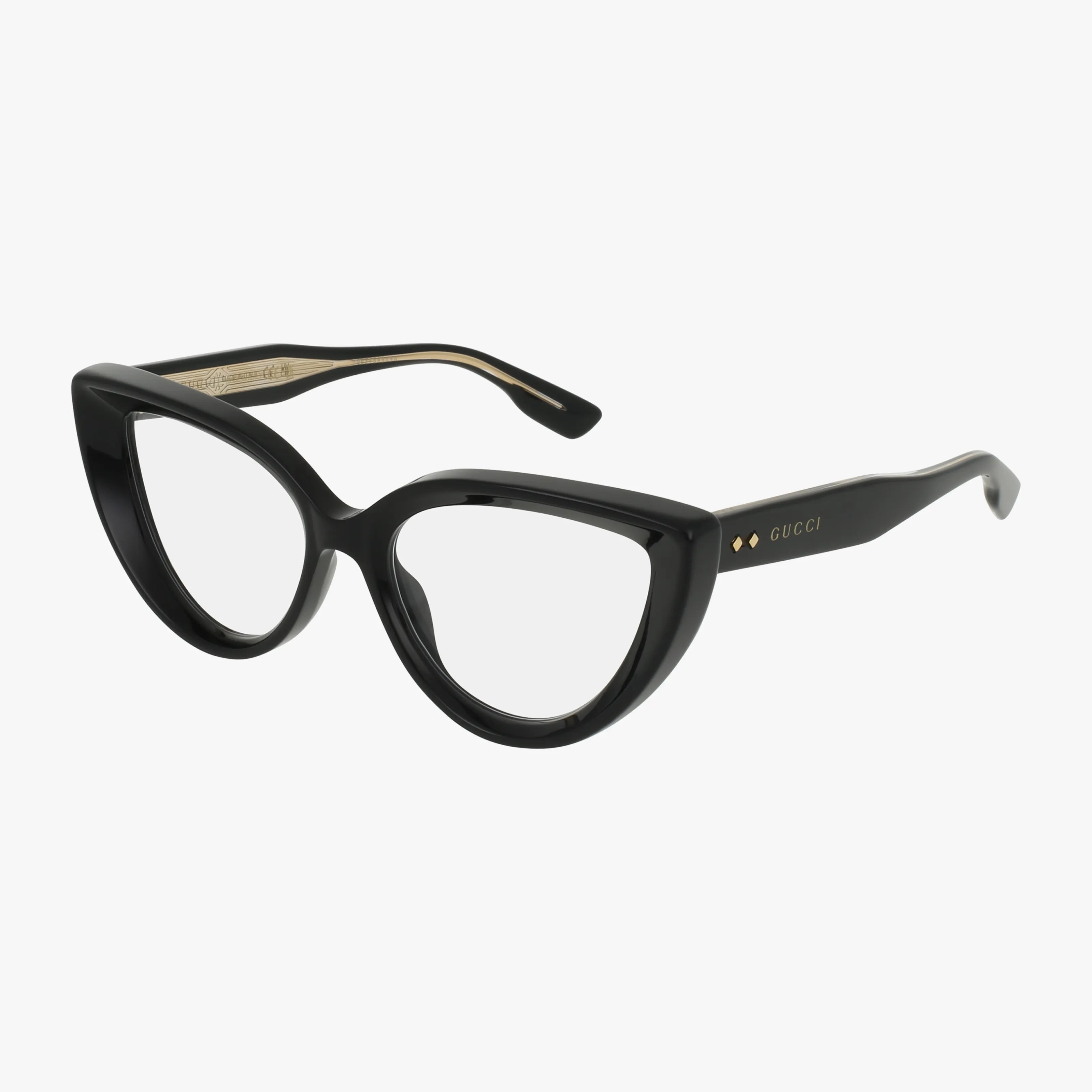 The GG1530O is a pair of black cat-eye eyeglasses with thick frames, clear lenses, gold Gucci logo and dots on the arms—blending iconic style with sustainable luxury.