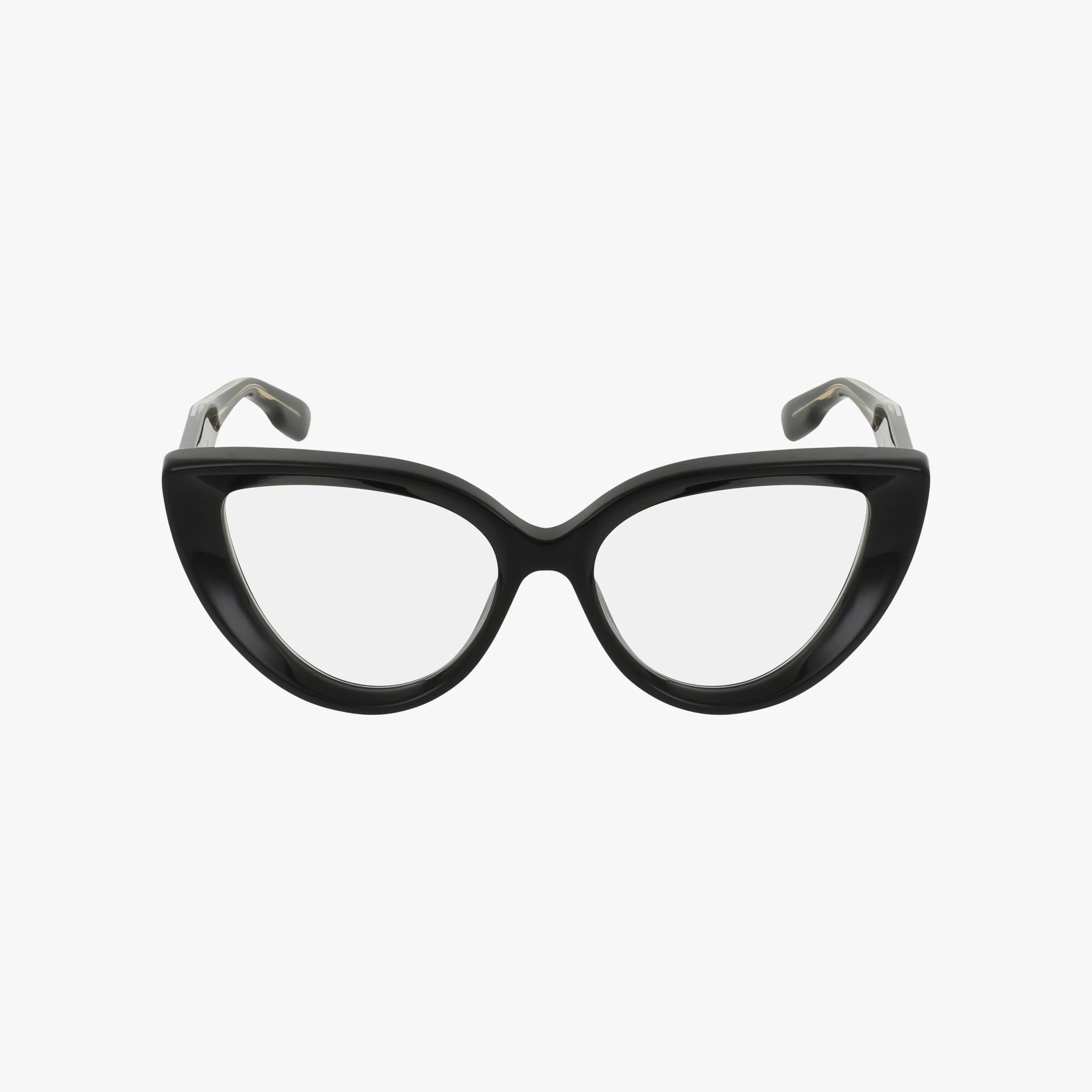 GG1530O black cat-eye eyeglasses with clear lenses, displayed on a white background. Bold, thick frames have upturned edges and curved arms, reflecting the timeless elegance of Gucci eyewear.