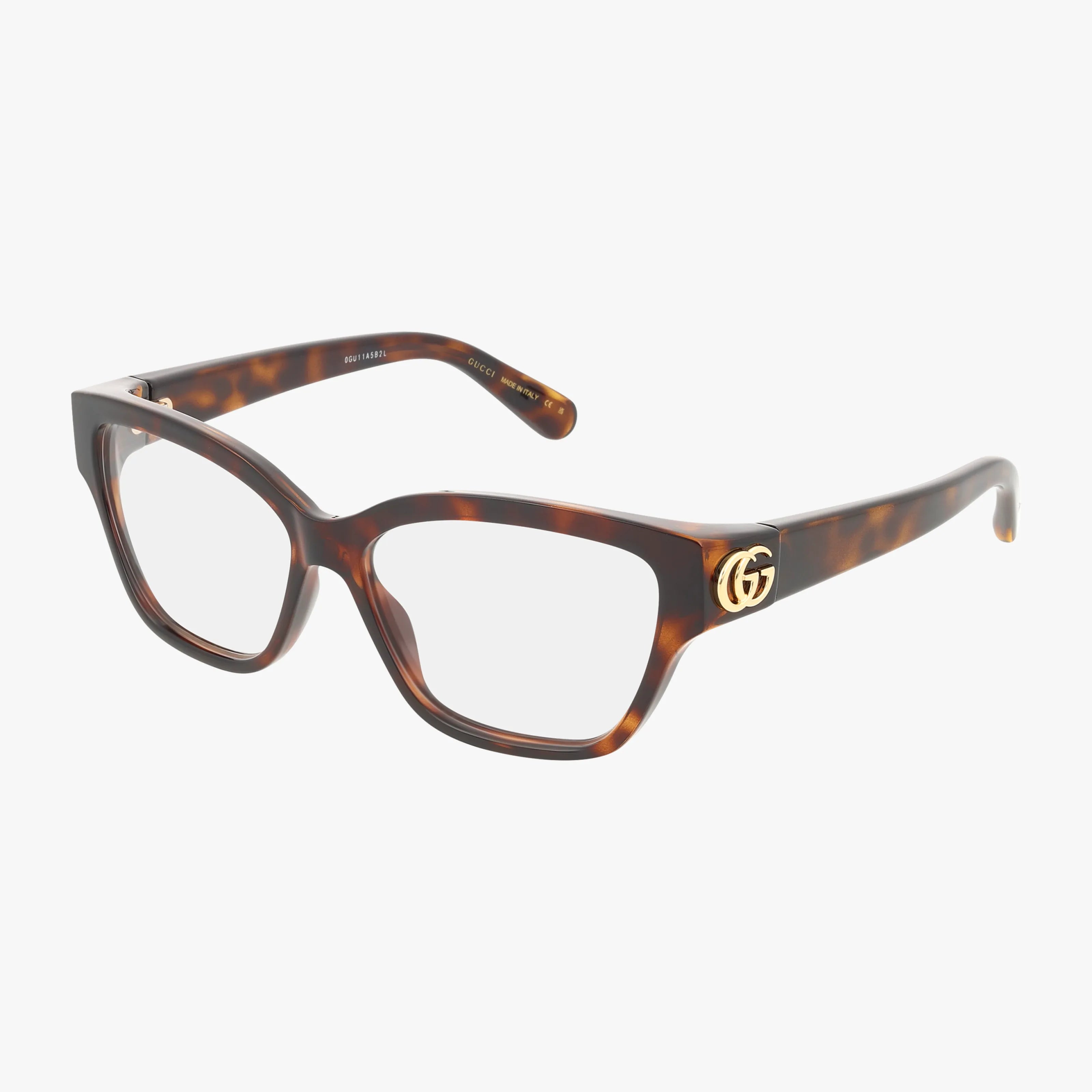 The GG1597O tortoiseshell eyeglasses feature rectangular frames for timeless elegance, a lightweight build, and a signature gold GG logo on the temples.
