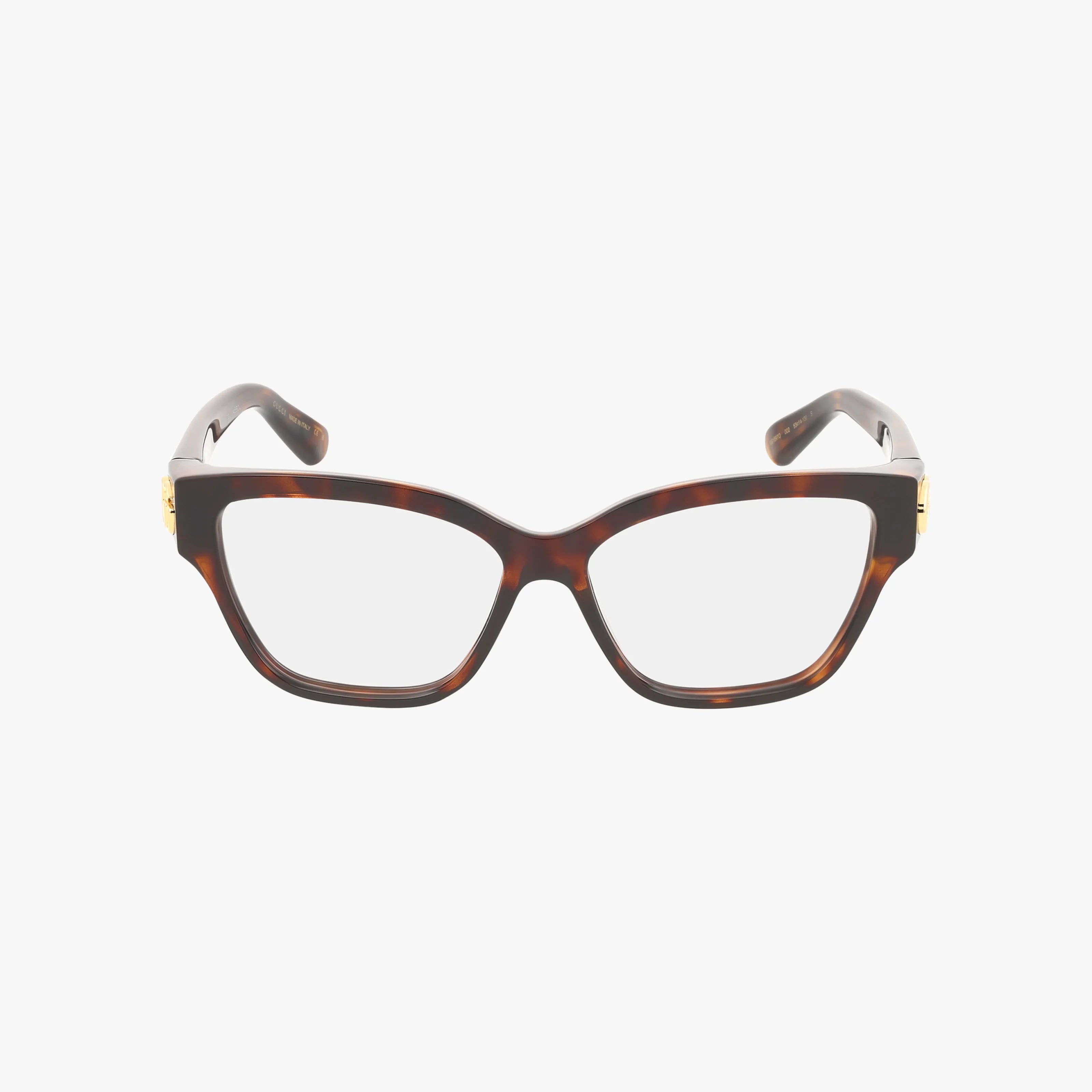 The GG1597O features brown tortoiseshell rectangular frames, slightly curved arms, gold hinge accents, and clear blue light lenses, embodying timeless elegance on a white background.