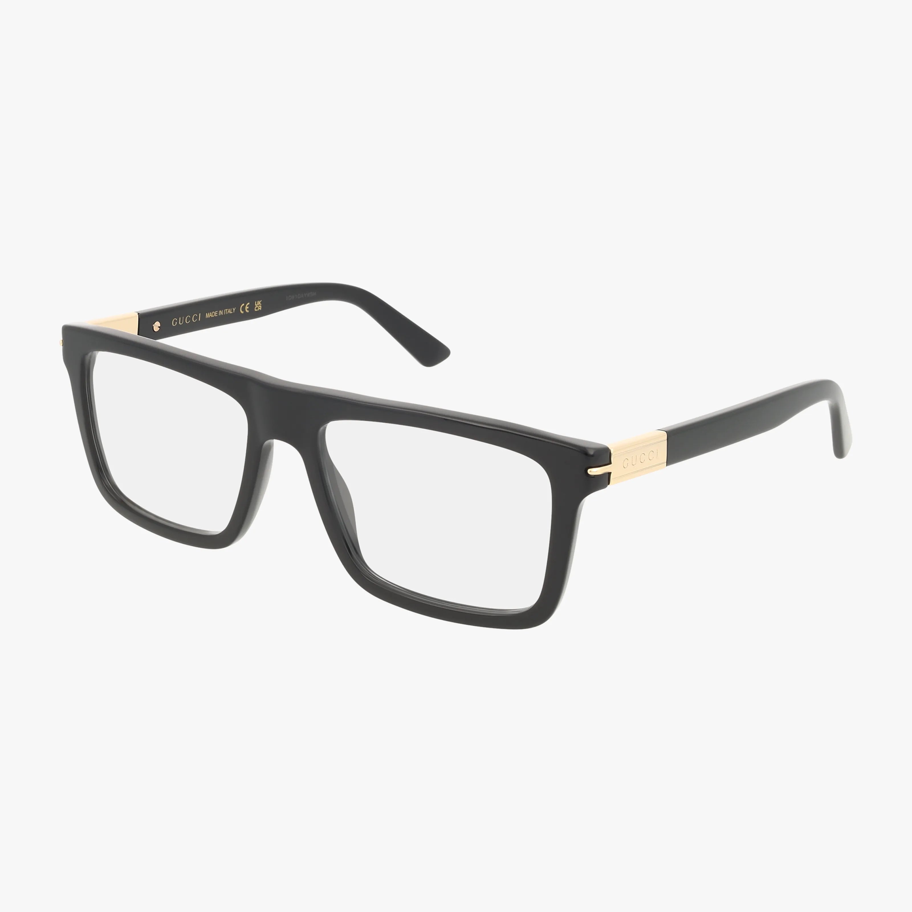 The GG1504O features black rectangular frames with clear Transitions lenses, polished finish, gold detailing, and Gucci logo on the temples—blending modern style and durability in a sleek design.