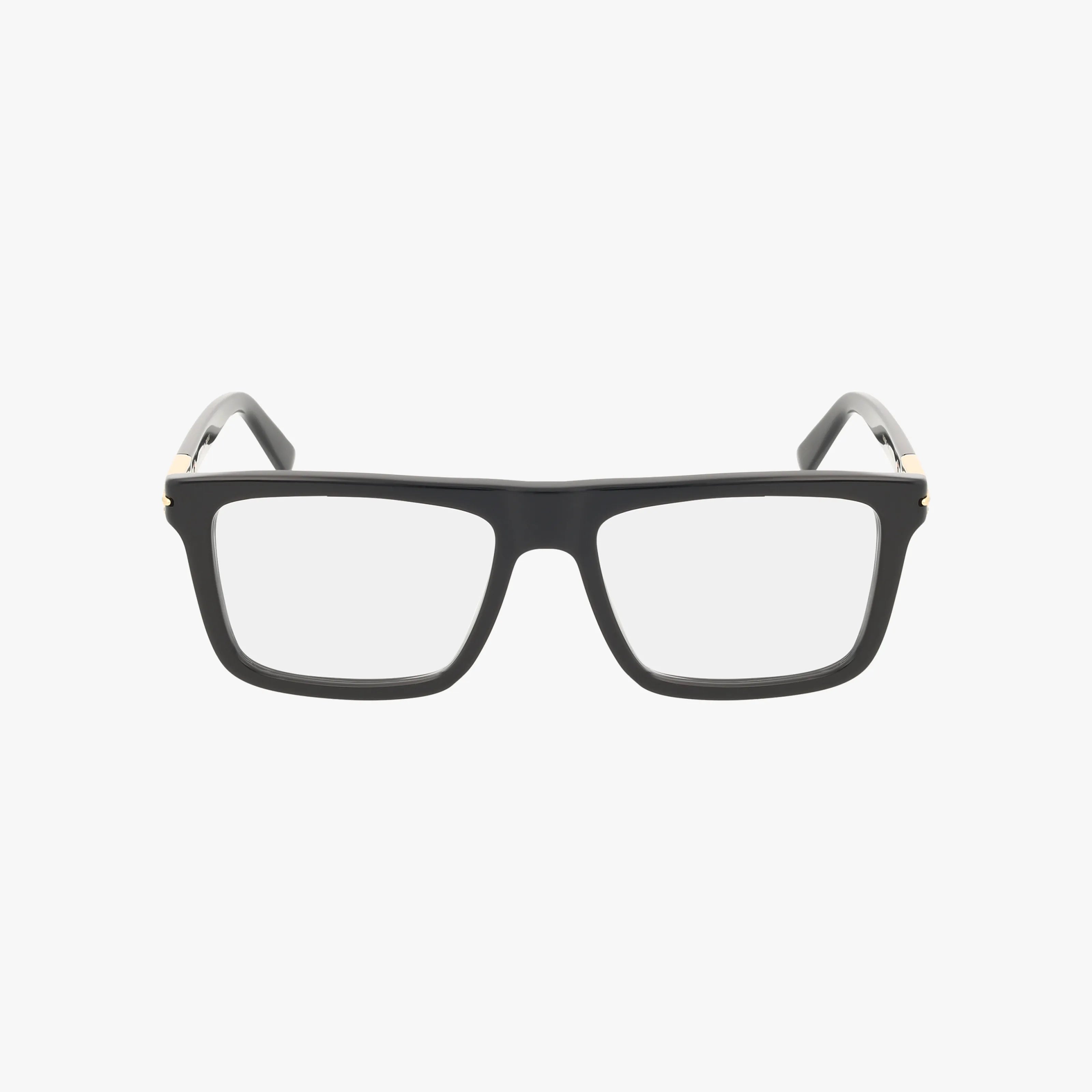 The GG1504O eyeglasses feature a black polished rectangular frame with clear lenses, viewed from the front against a white background. This modern design has slightly rounded edges, metallic accents, and offers both style and durability.