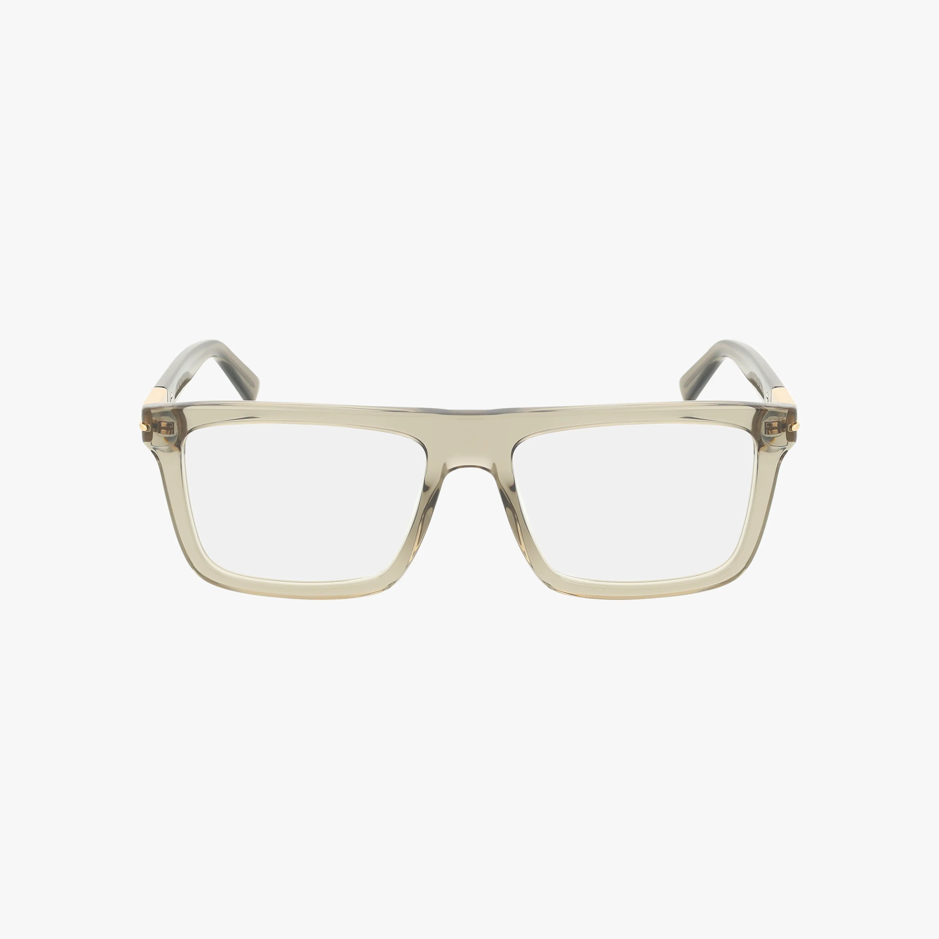 The GG1504O eyeglasses feature a clear, rectangular frame with polished finish and thick, transparent beige arms. Shown on a white background, they can be fitted with Transitions lenses for versatile style and durability.