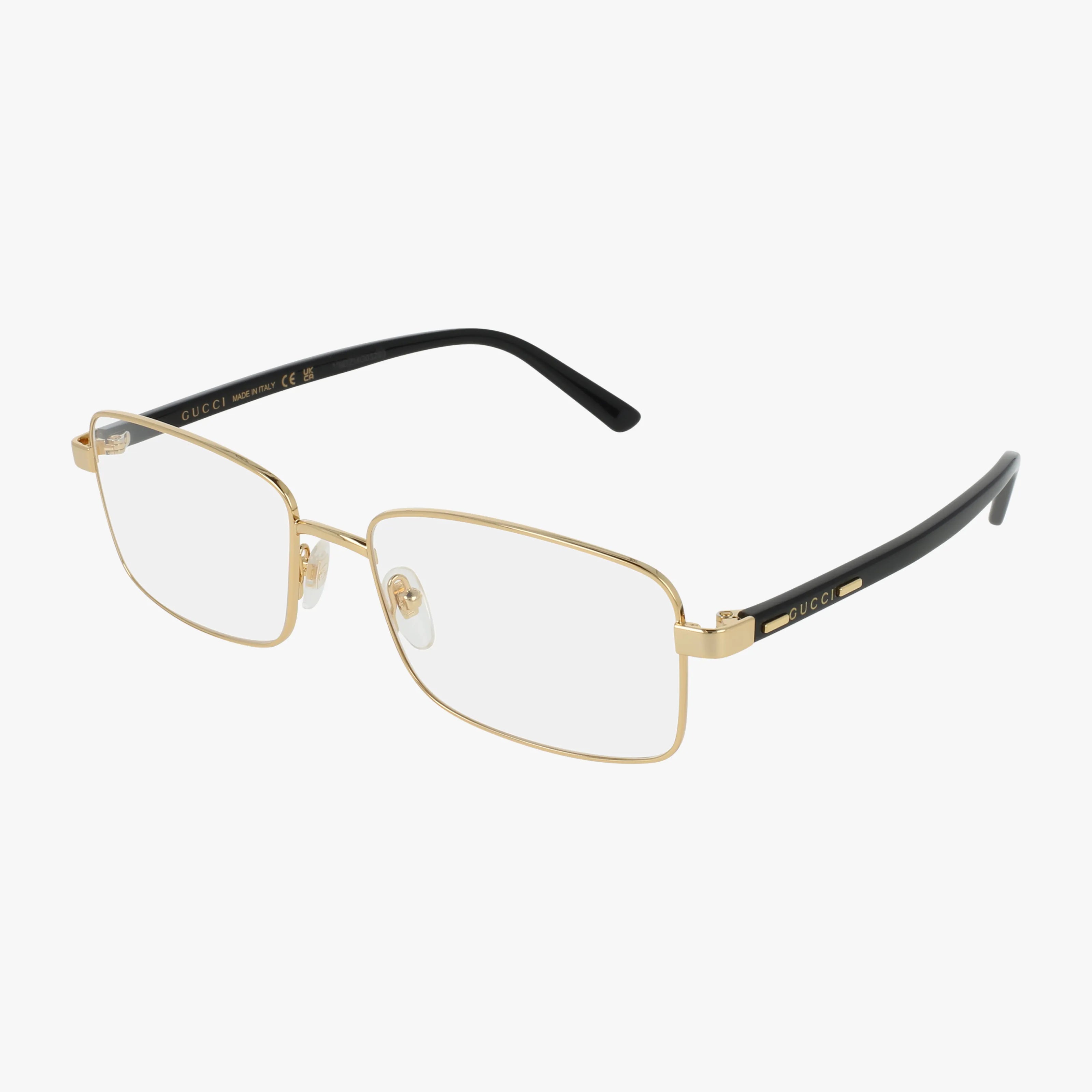 The GG1586O features rectangular gold metal frames with clear lenses, black temples, and the Gucci logo on the sides, offering a sleek contemporary design shown against a white background.