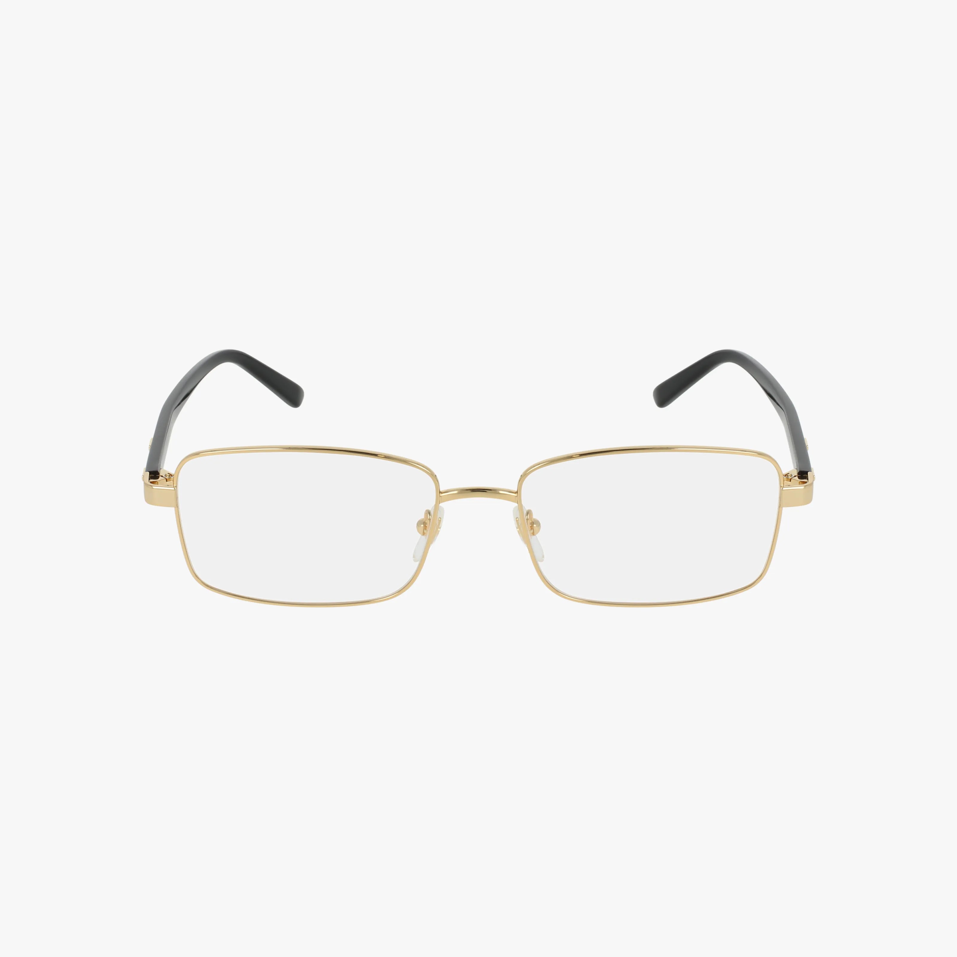 The GG1586O eyeglasses feature a contemporary rectangular design with thin gold metal frames, clear lenses, and black plastic temple tips, shown on a plain white background.