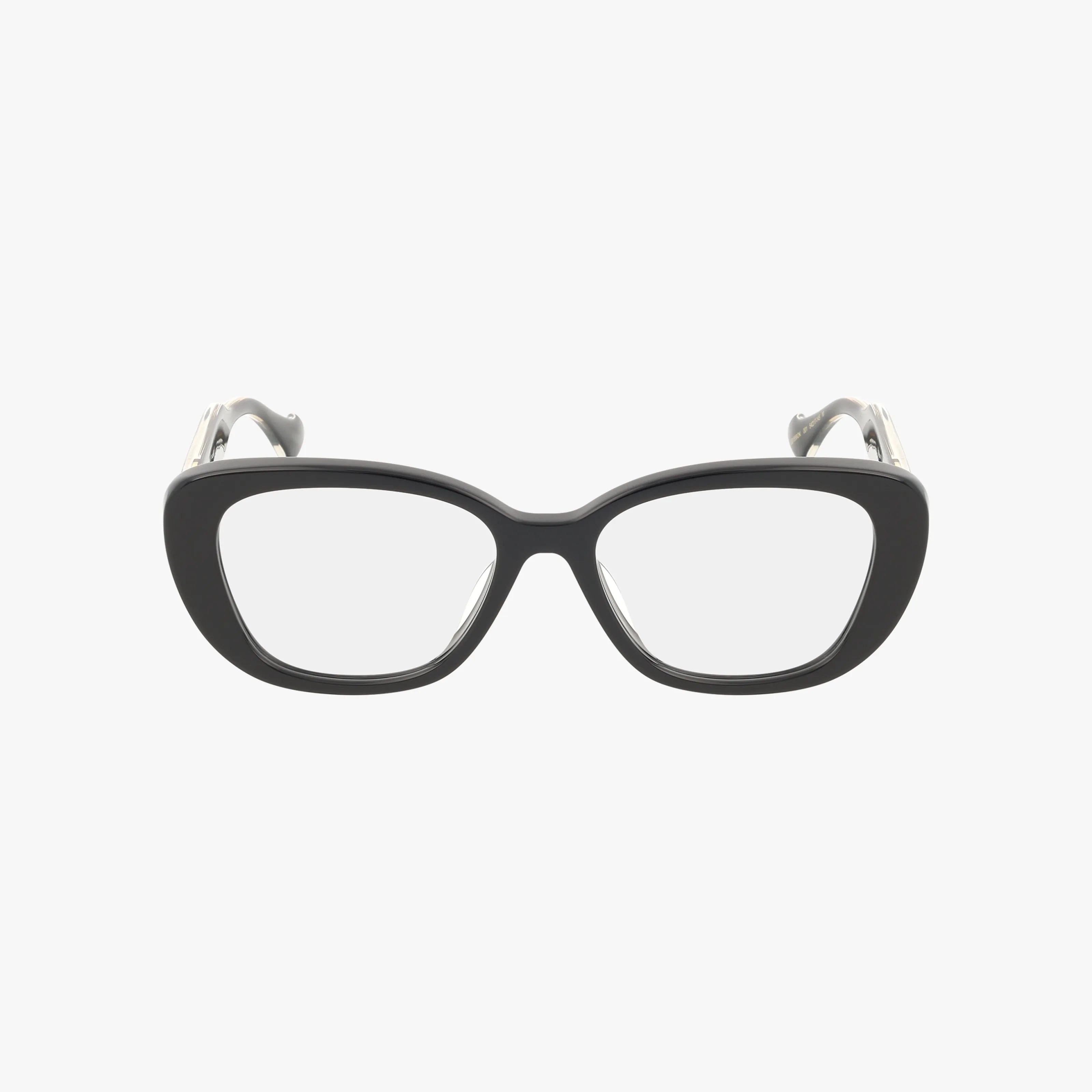 Front view of GG1559OK black cat-eye eyeglasses with prescription lenses and a slightly thick, modern frame, shown on a plain white background.