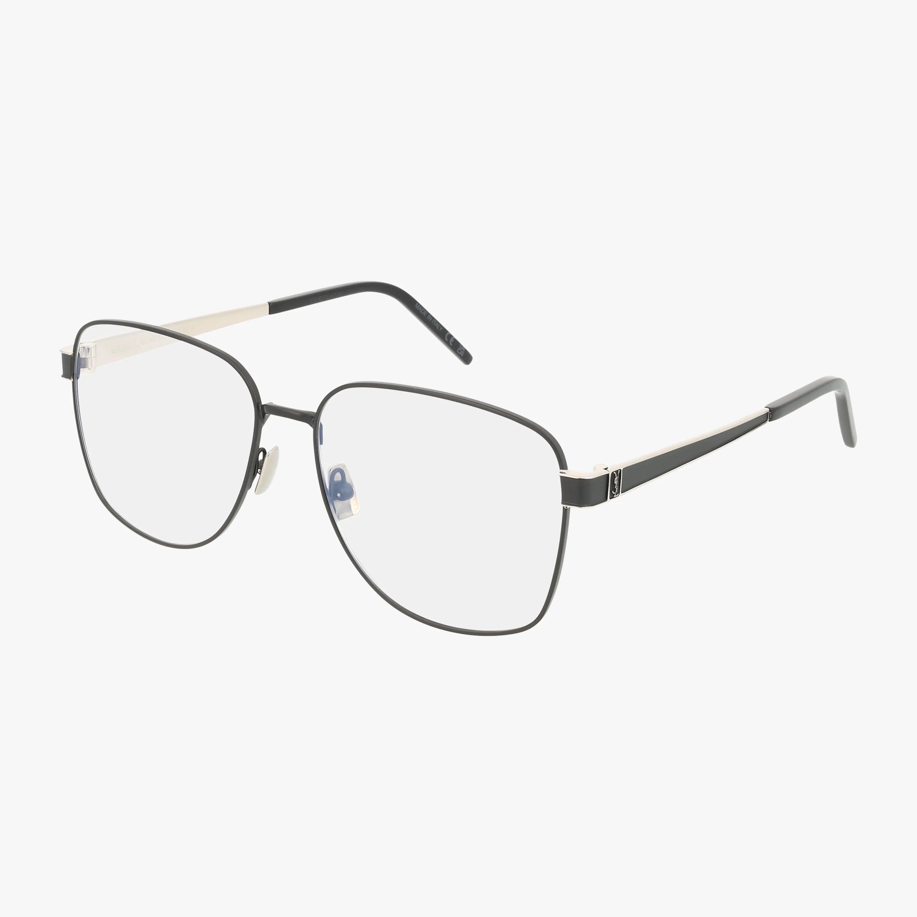 The SL M134 eyeglasses feature thin black metal frames, rounded square lenses, clear nose pads, and slender arms with gold accents near the hinges—an elegant modern eyewear choice shown on a white background.