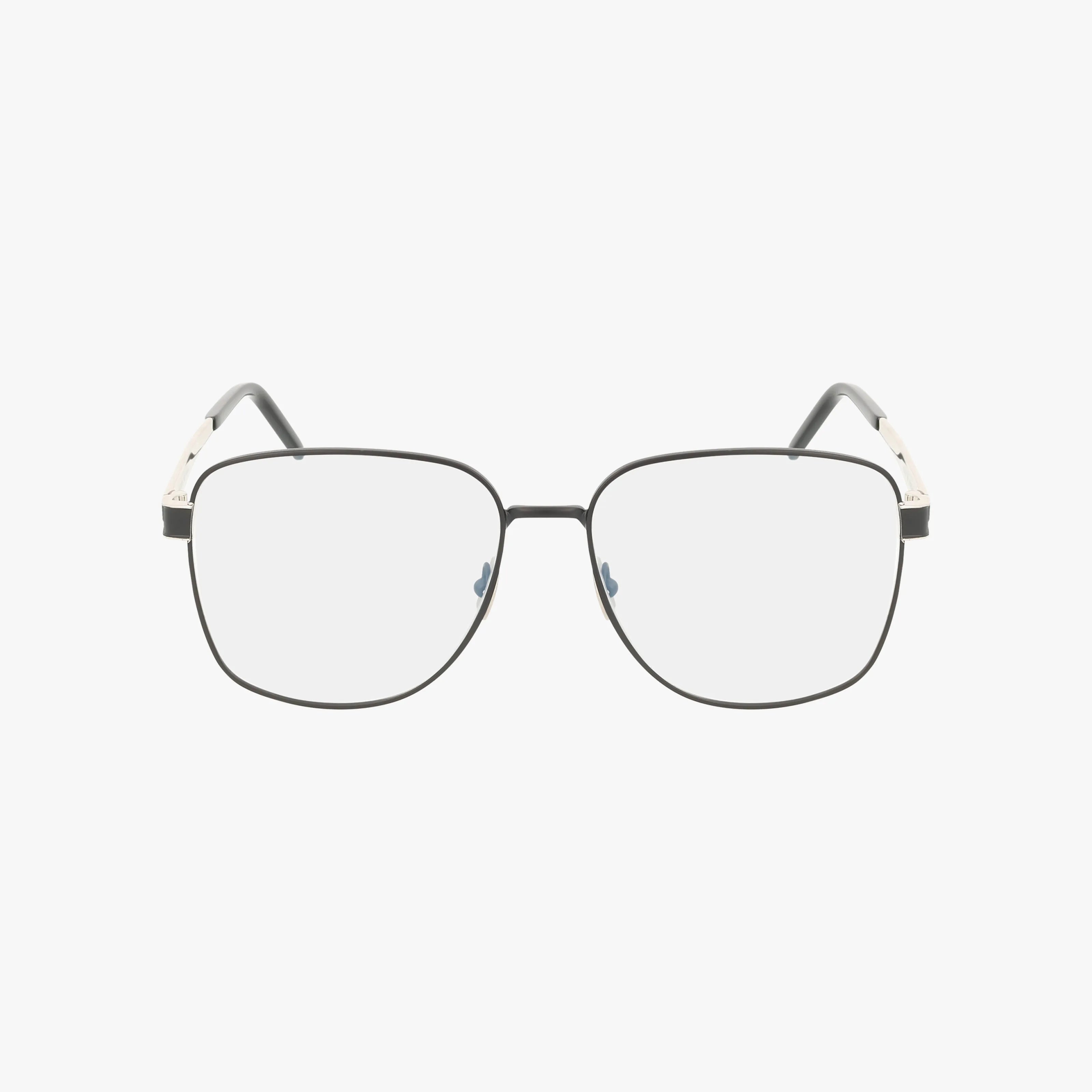 The SL M134 is a pair of black, rectangular wire-frame eyeglasses with clear lenses and adjustable nose pads, featuring a tailored design, displayed on a white background.