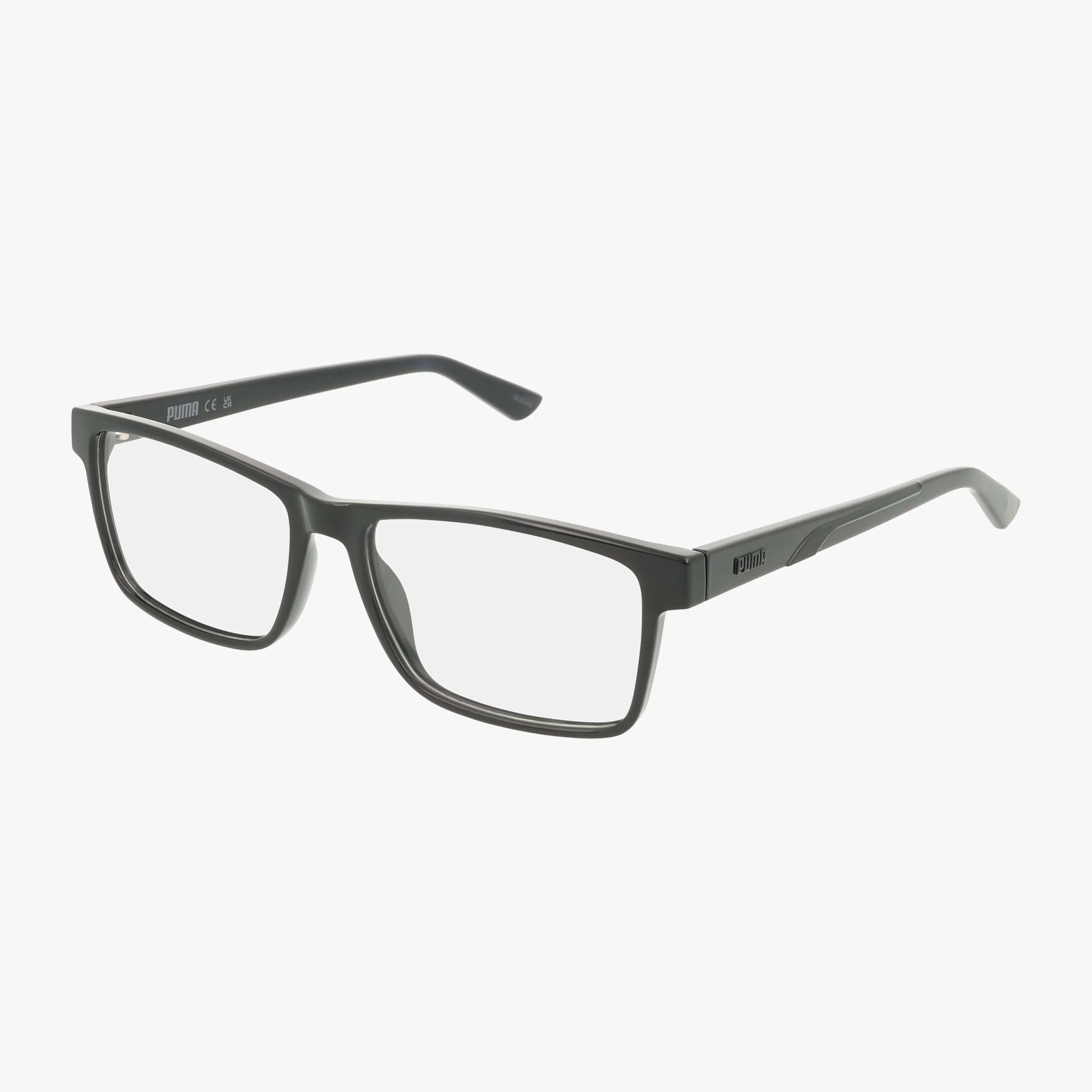 The PU0473O features rectangular black frames with clear lenses, showcased on a white background. Its functional design and straight temples combine simplicity and modern style for a standout look.