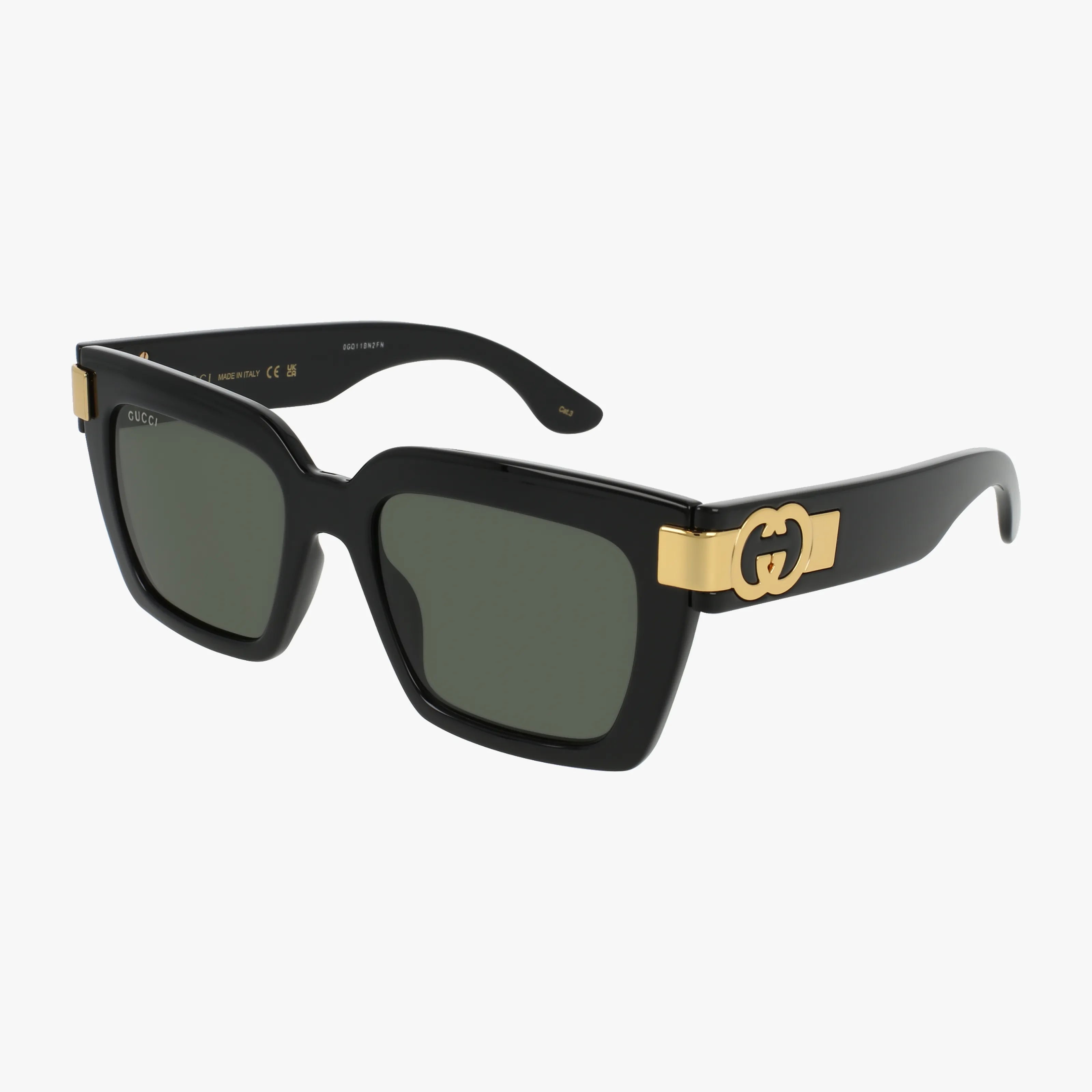 The GG1689S features a black rectangular frame with thick temples, dark lenses, and gold Gucci GG logos on the sides—modern sunglasses showcased against a white background.