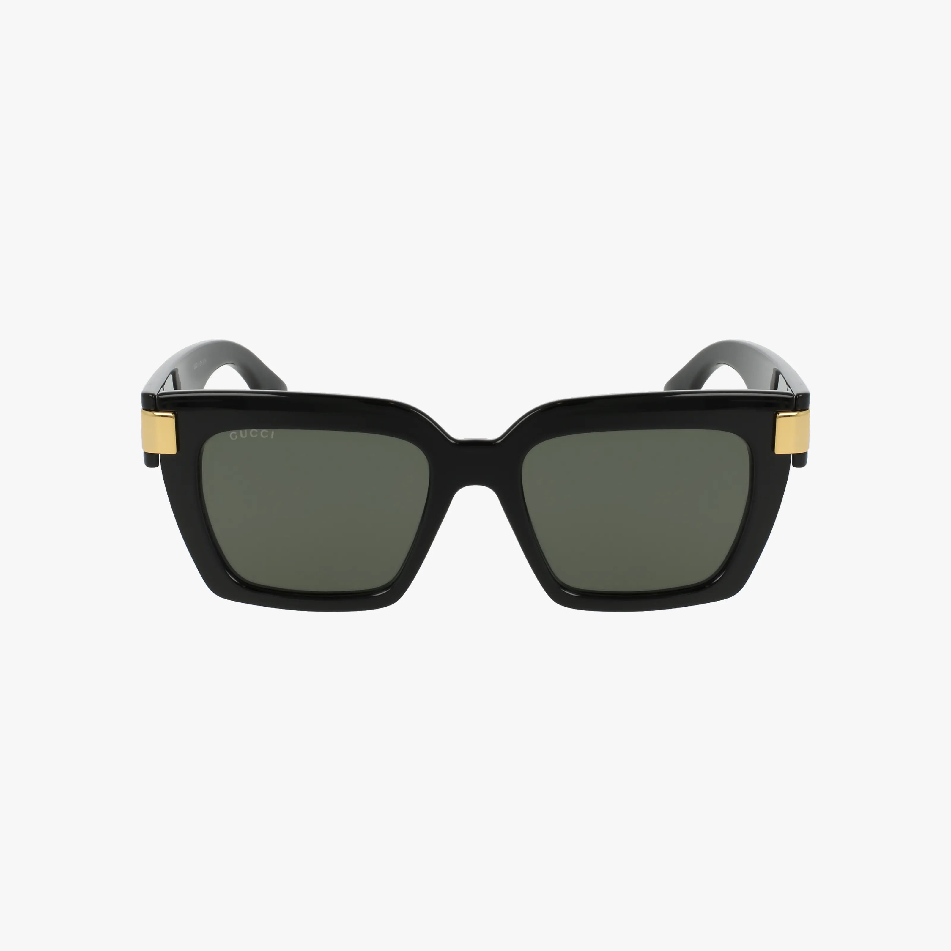 The GG1689S sunglasses feature a black rectangular modern design with dark lenses, gold temple accents, and a durable frame, showcased against a white background.