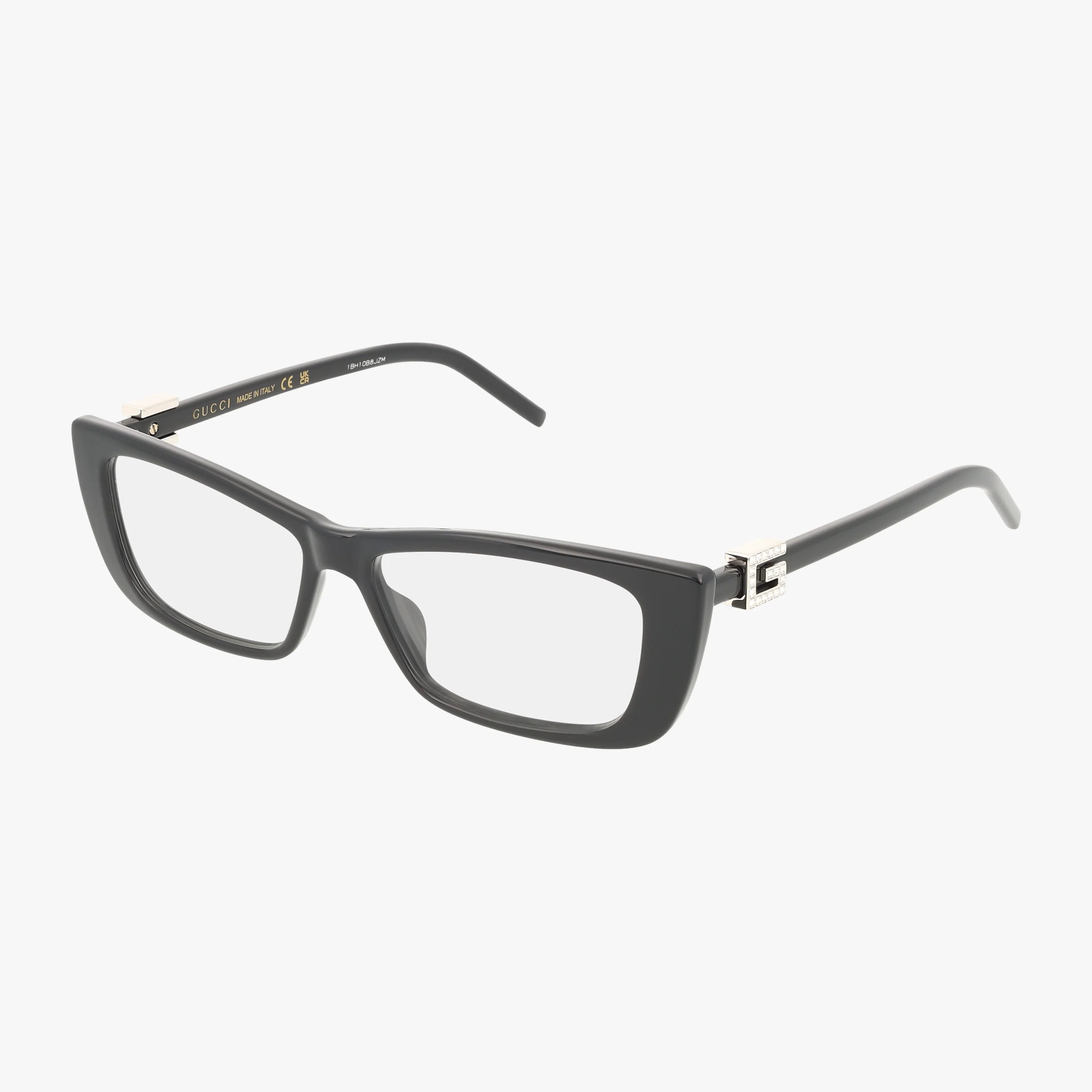 The GG1682O eyeglasses feature black rectangular thick frames, clear lenses, and a silver G logo on the temples. Enjoy timeless style and elegance—shop this chic frame online today.
