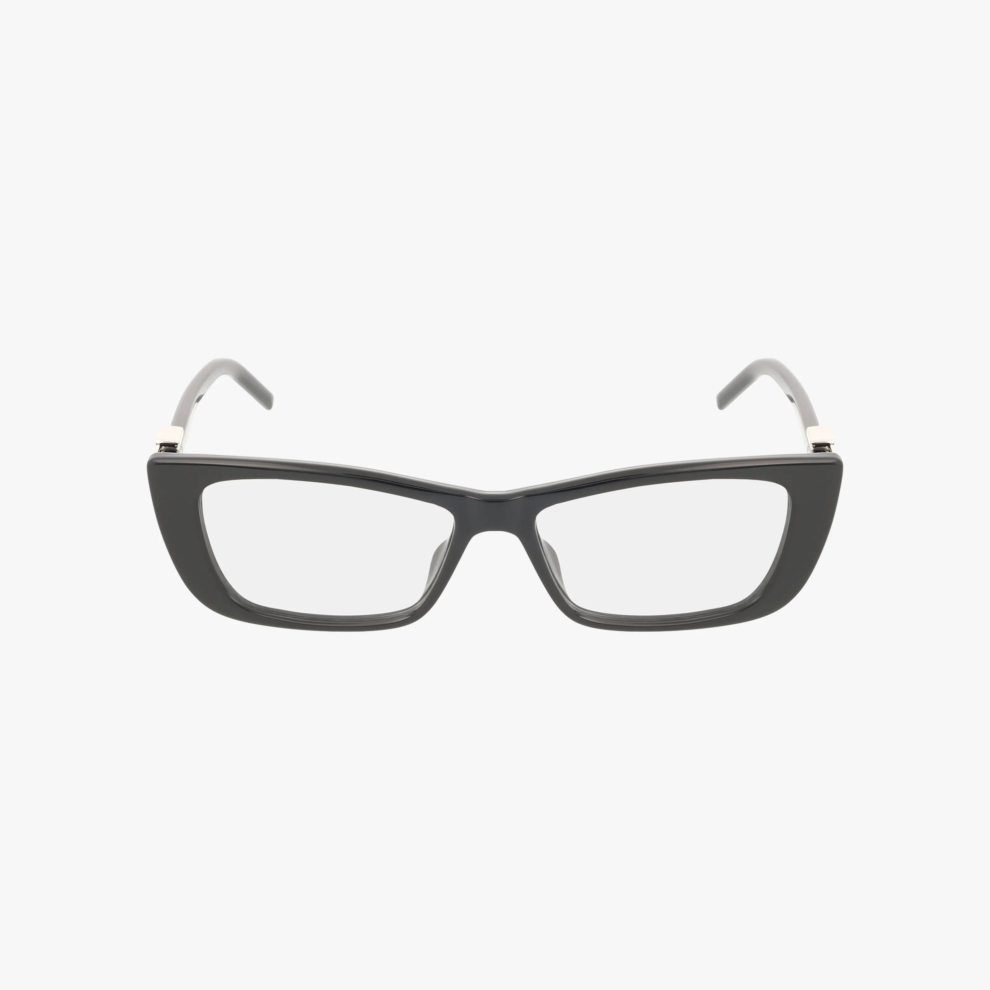 The GG1682O eyeglasses feature rectangular black thick frames and clear lenses, offering timeless elegance. Displayed from the front on a plain white background, these chic frames suit any style.