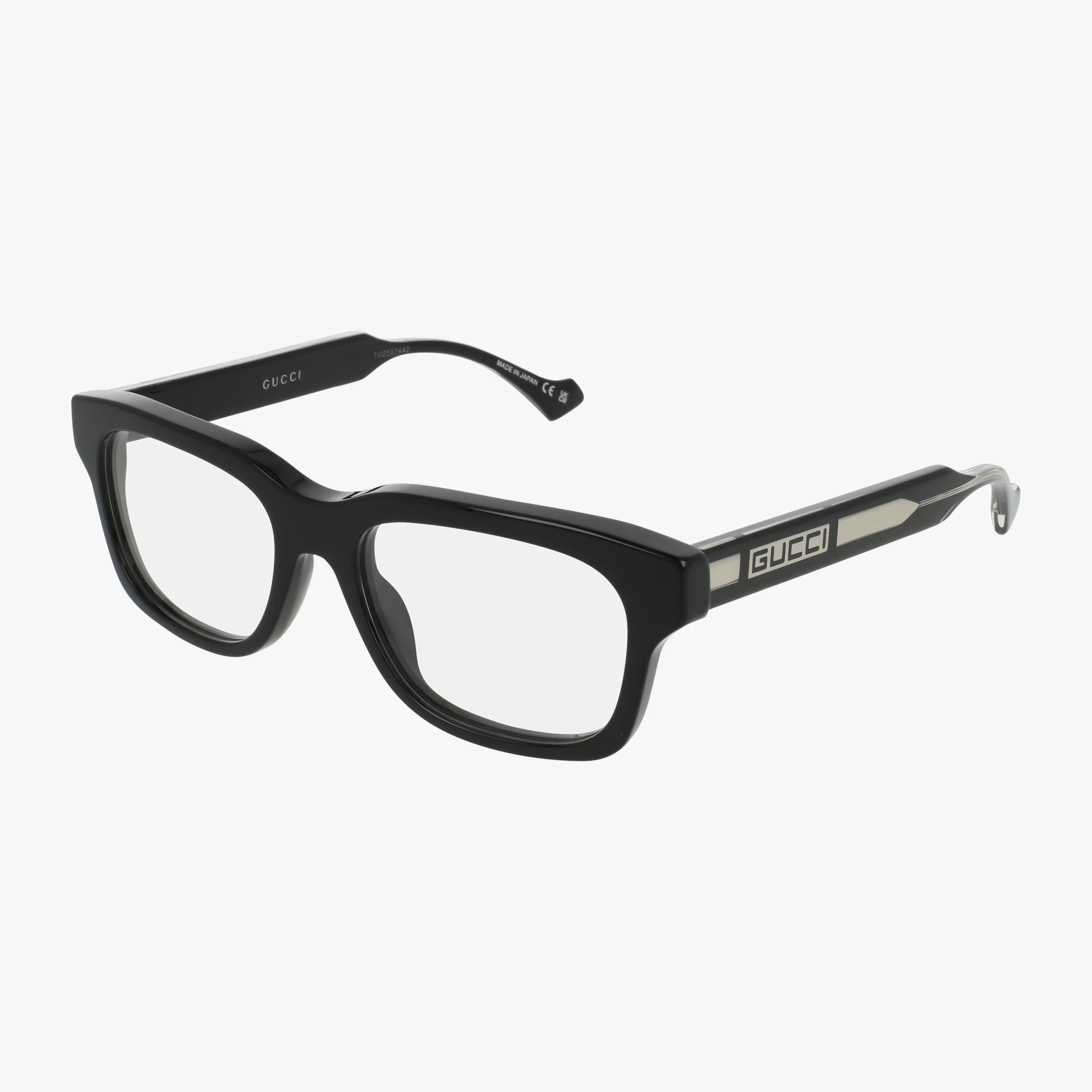 The GG1731O are black rectangular eyeglasses with a resilient frame and clear lenses, showcasing the Gucci logo in silver on the temple arms—a perfect mix of style and modern design.