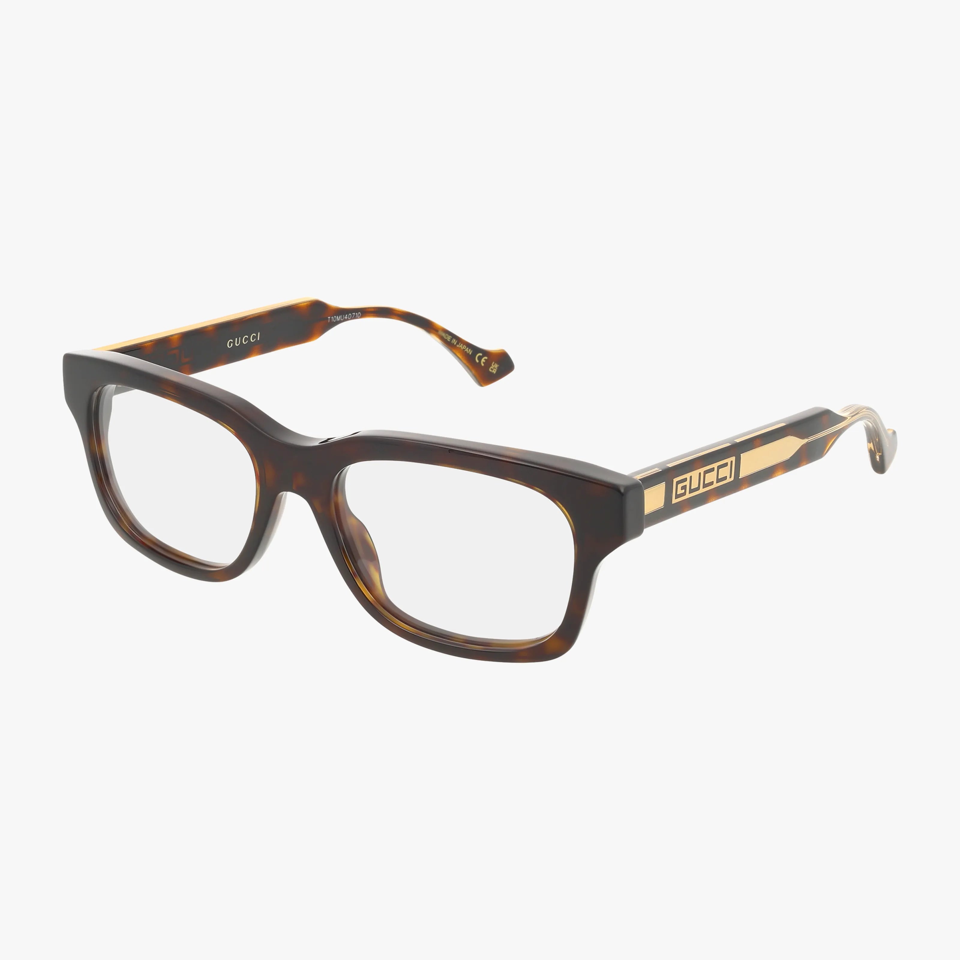 The GG1731O eyeglasses feature a rectangular tortoiseshell frame, resilient construction, and gold GUCCI branding on the thick temples, shown against a white background.