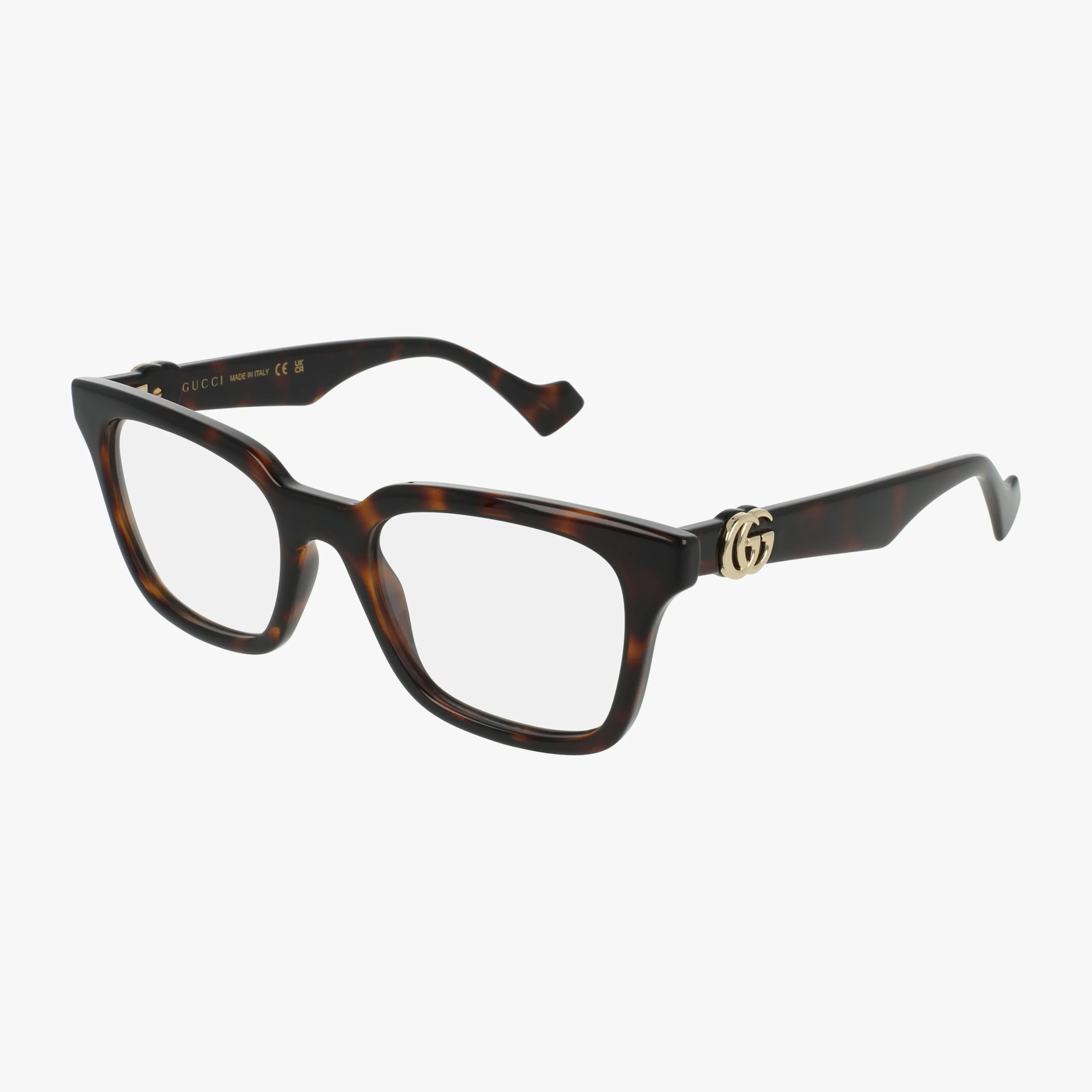 The GG1728O eyeglasses feature rectangular tortoiseshell frames, lightweight thick design, gold Gucci GG logo on the arms, and clear lenses—ideal for everyday wear and displayed on a white background.