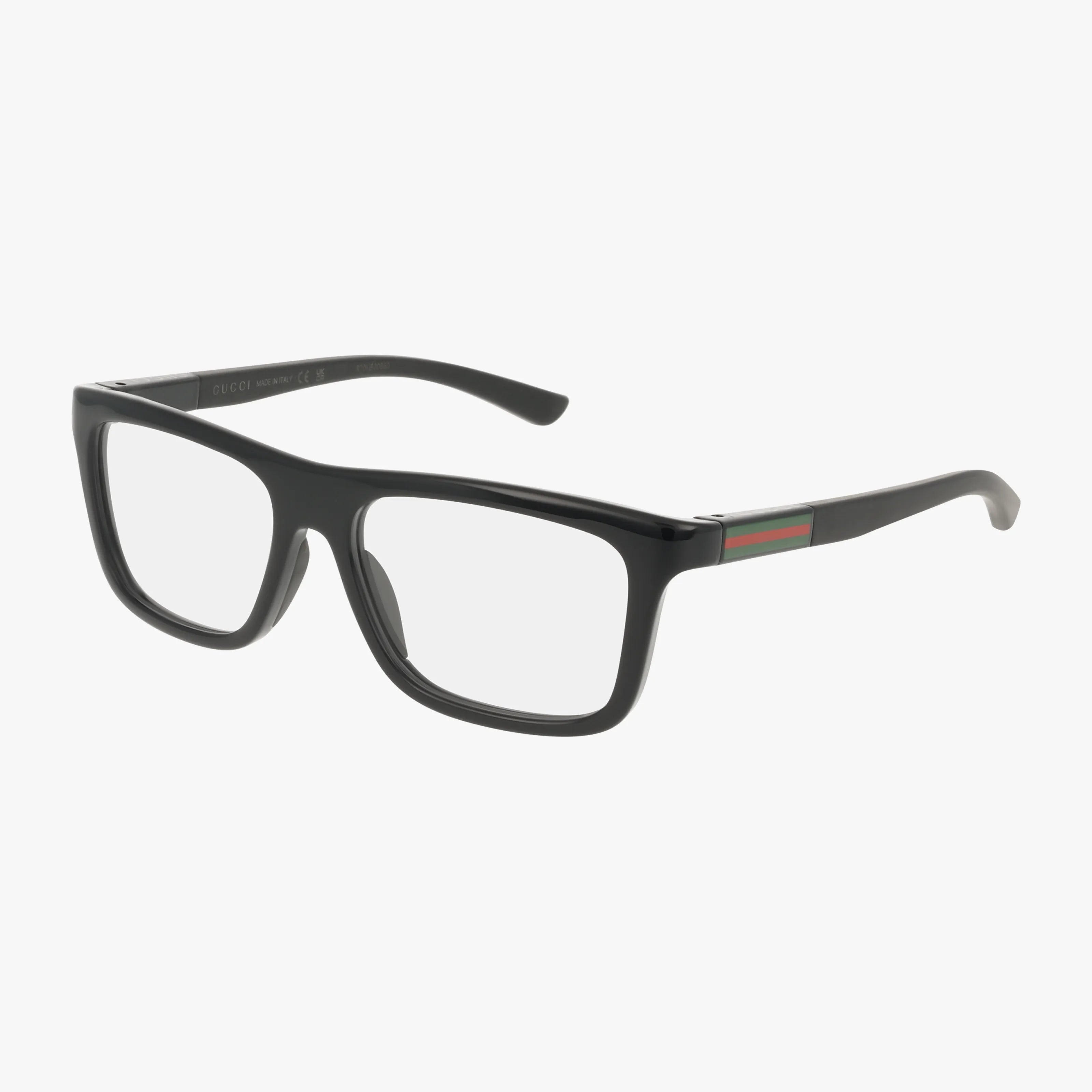 The GG1737O eyeglasses feature a black rectangular shape with thick, durable frames and a distinctive green and red striped detail on the temple arms near the hinges, shown on a white background—ideal for fashion-forward eyewear.