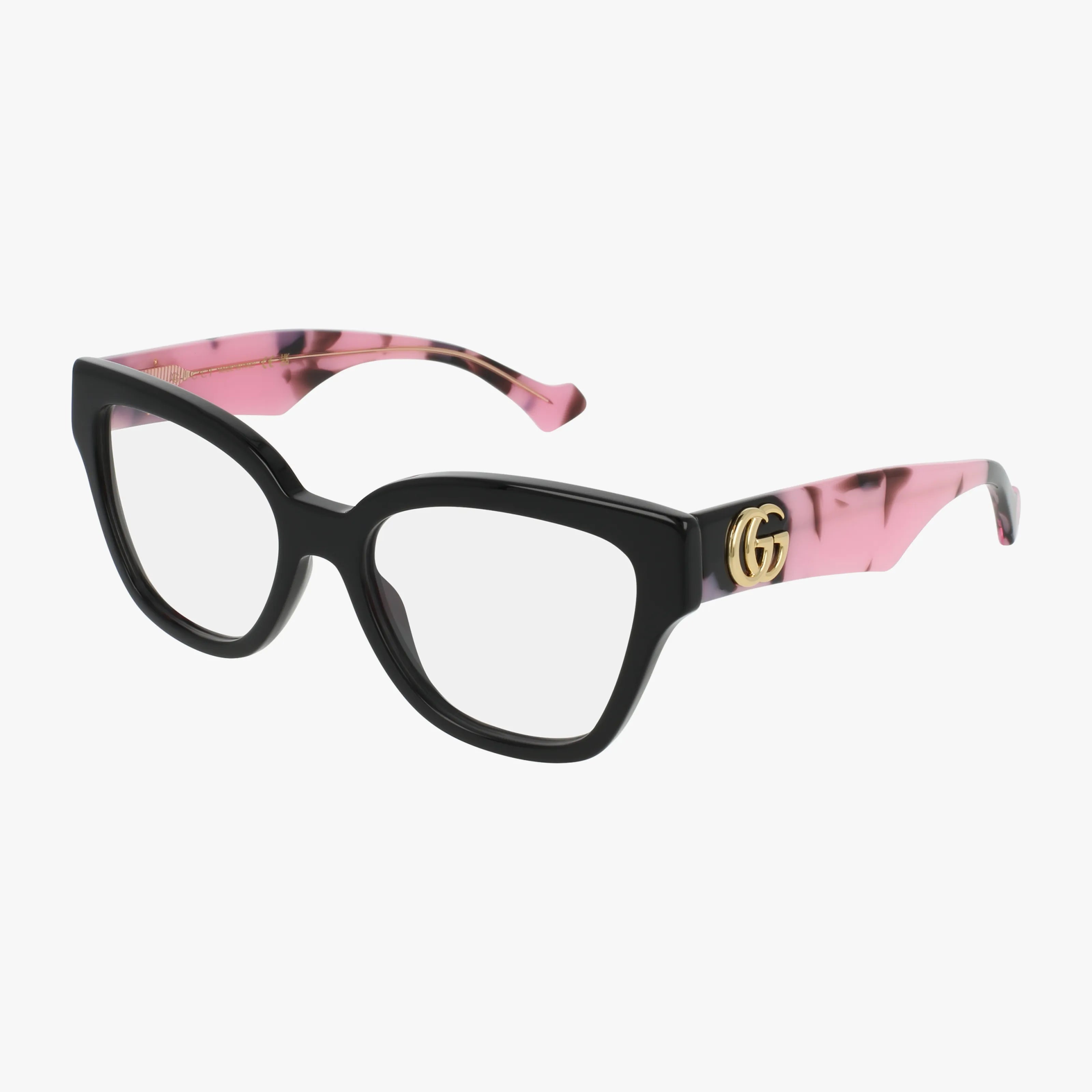 The GG1424O features a black cat-eye frame with pink and black marbled arms and a gold GG logo on the temple. This lightweight, modern eyewear is ideal for online shoppers and is shown against a white background.