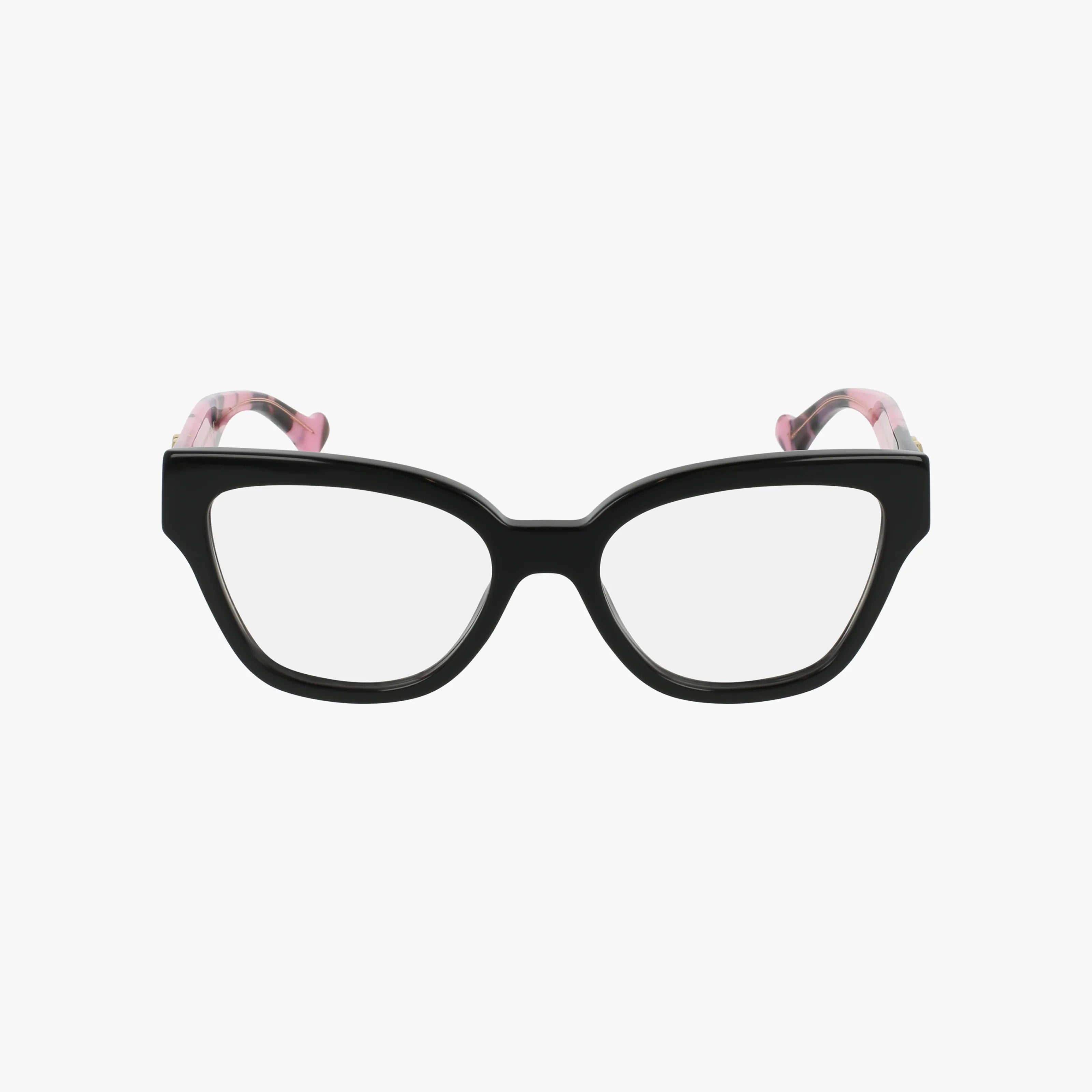 Discover the GG1424O black cat-eye eyeglasses with clear lenses and pink patterned temples. This lightweight, stylish frame is perfect for modern eyewear lovers—find more glasses online, all shown on a crisp white background.