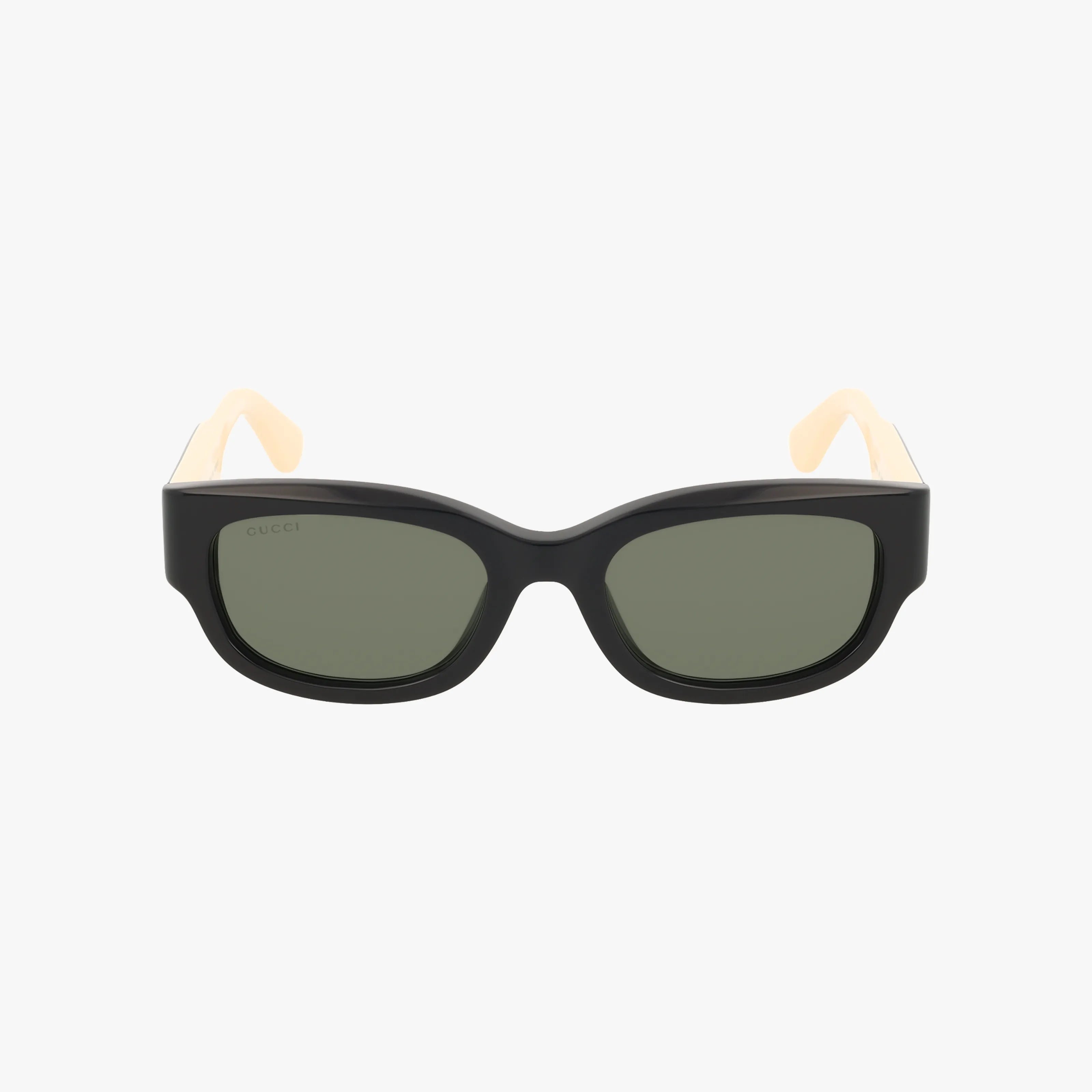 Front view of GG1667SK stylish black rectangular sunglasses with dark green lenses, lightweight frame, and light beige arms, displayed against a plain white background.