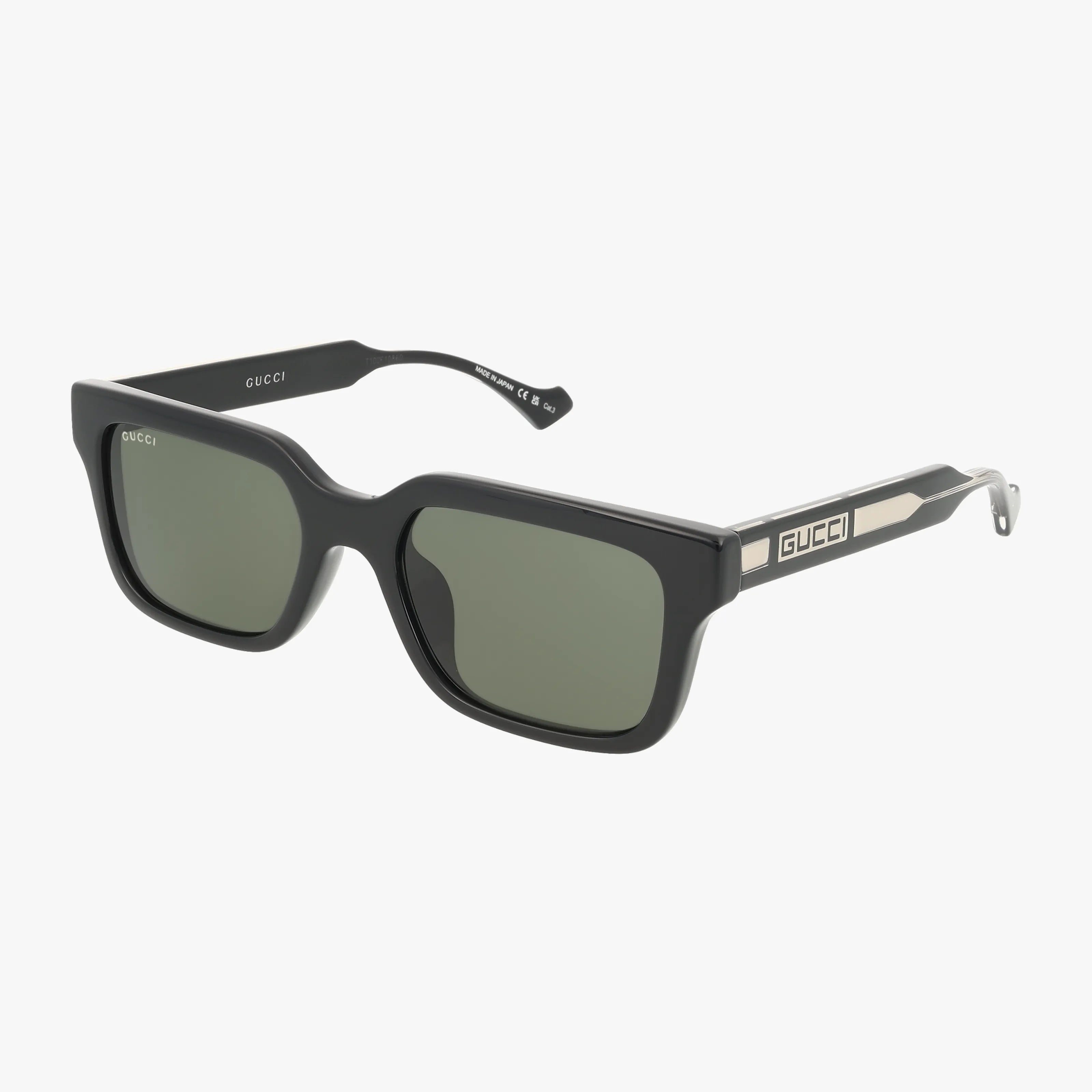 The GG1732SK sunglasses feature a black rectangular frame, dark lenses, lightweight design, Gucci logo on the temple arms, and metallic hinge accents—ideal for those seeking chic designer flair.