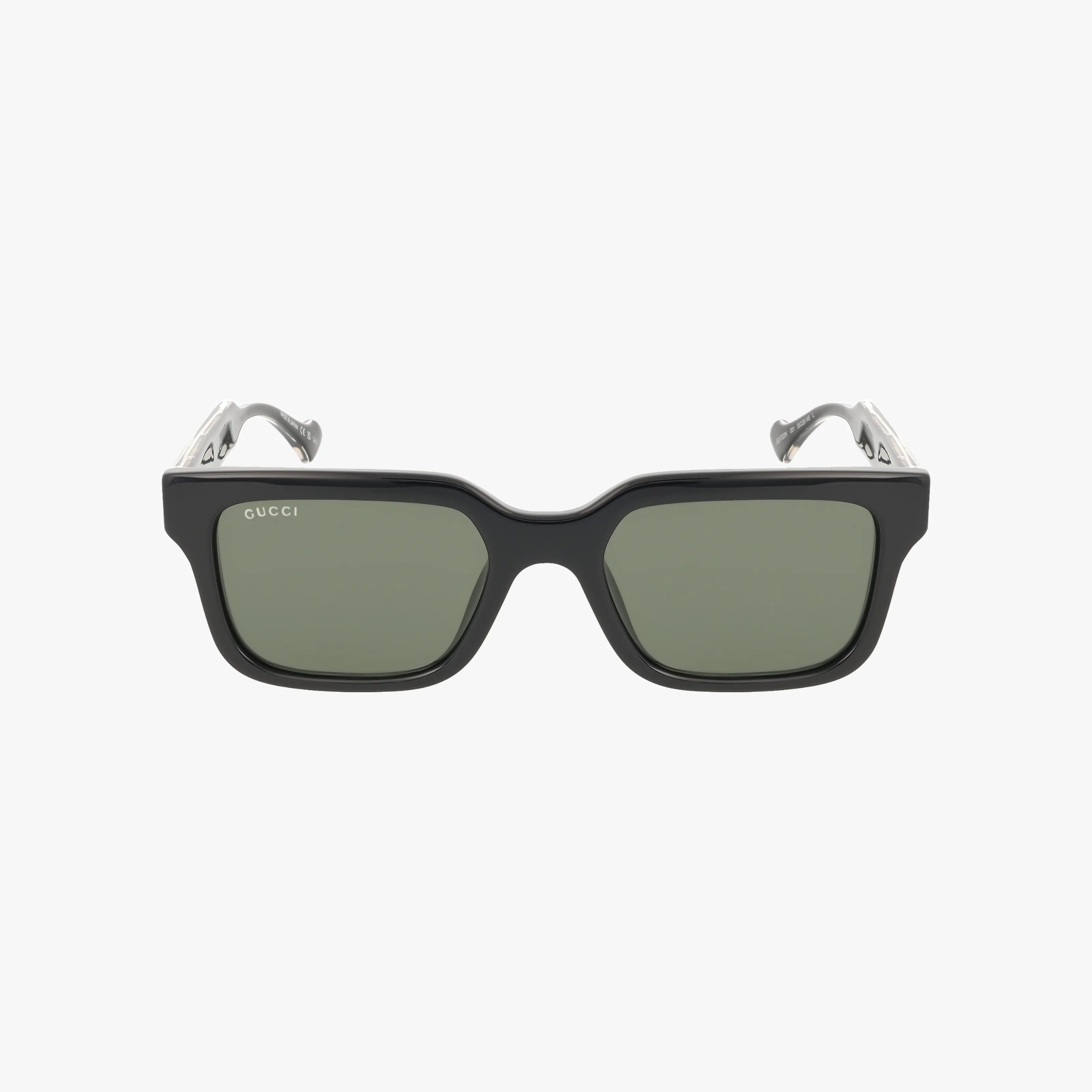 Front view of chic Gucci GG1732SK sunglasses with a black square, lightweight frame and dark green lenses, set against a plain white background.