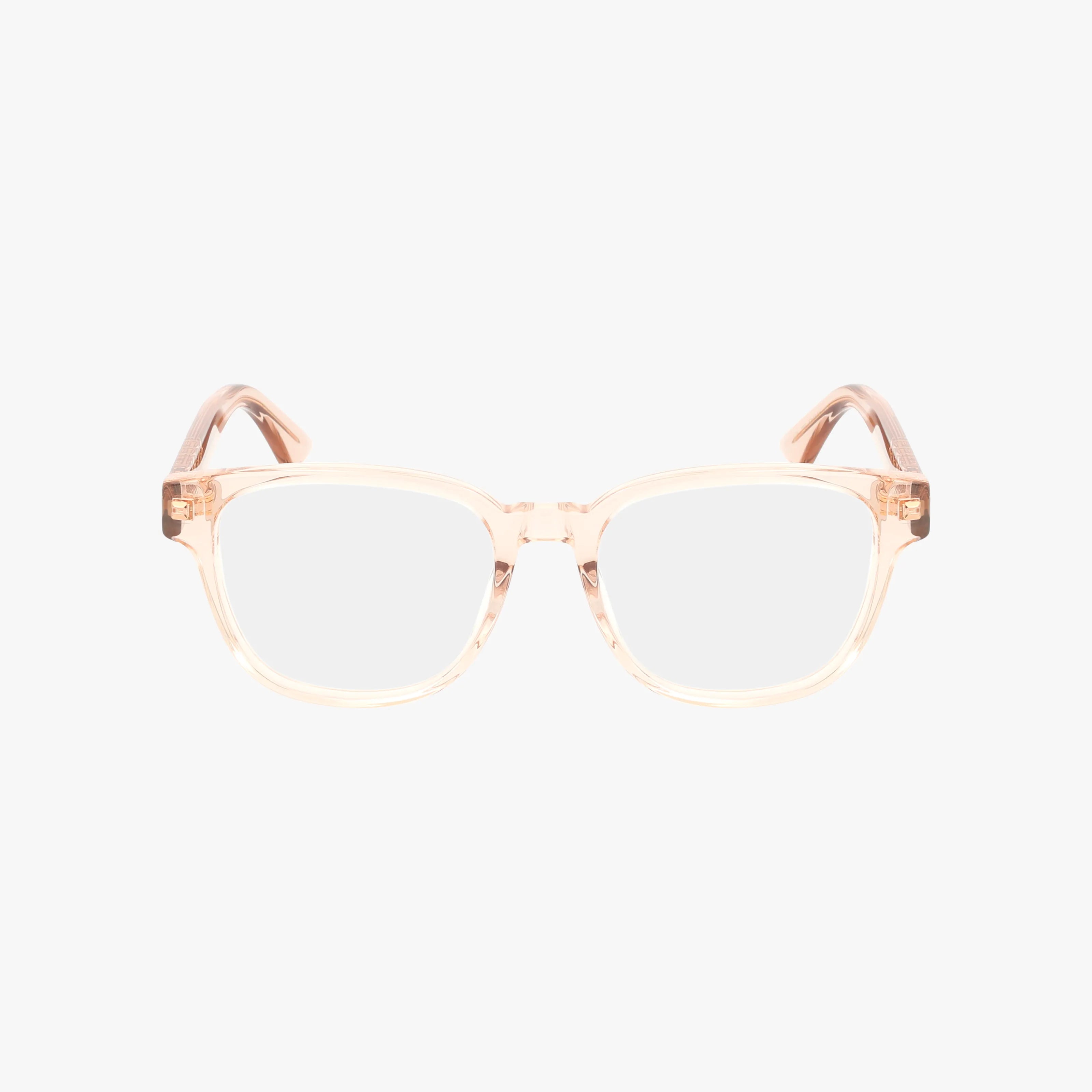 The GG746OA eyeglasses feature clear, square-shaped lenses and light beige translucent frames with bold, slightly thicker arms, shown against a plain white background.