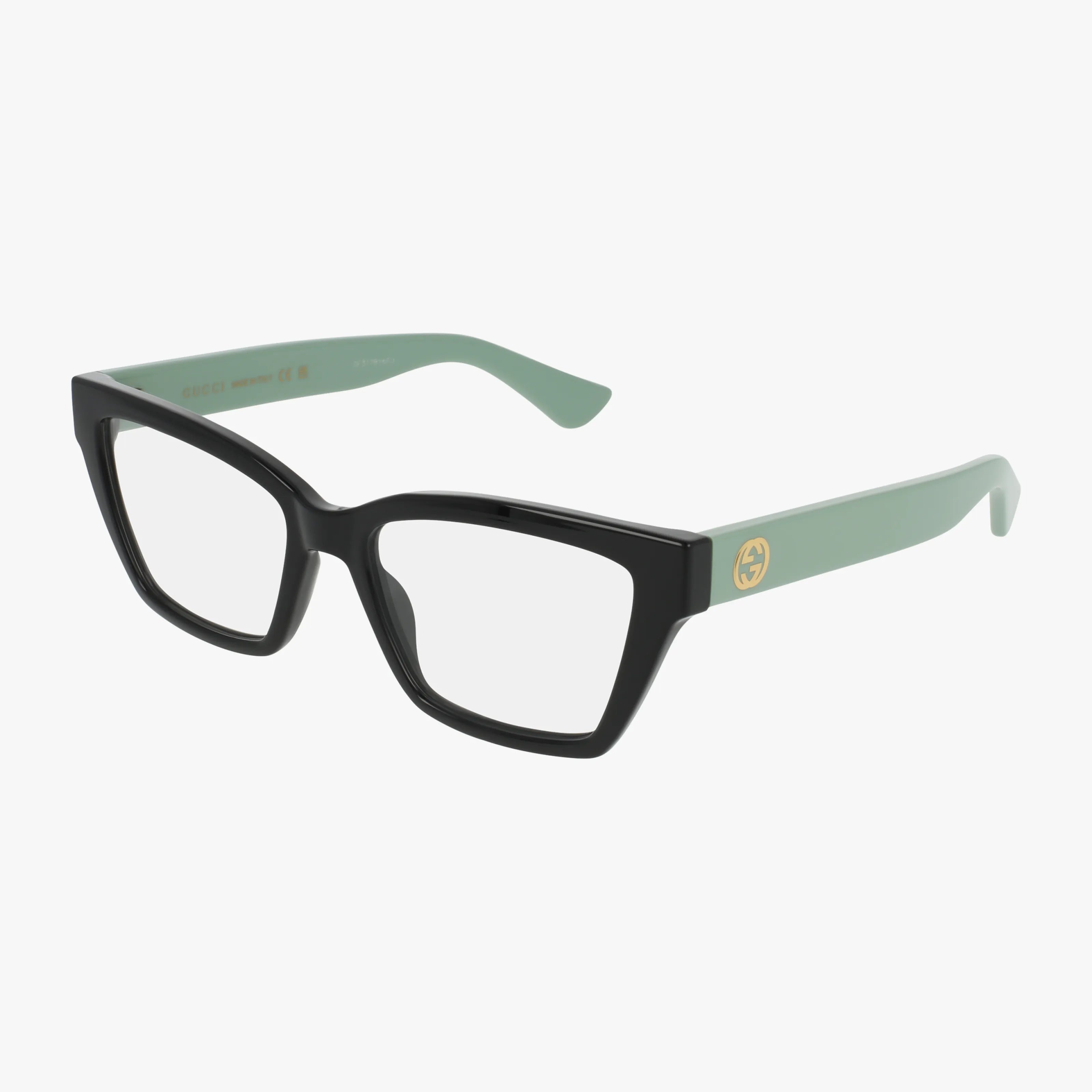 GG1715O black rectangular modern eyeglasses with thick, lightweight frames and clear lenses. Light green temples feature a gold Gucci logo on the side. Set against a plain white background—ideal for online eyewear shopping.