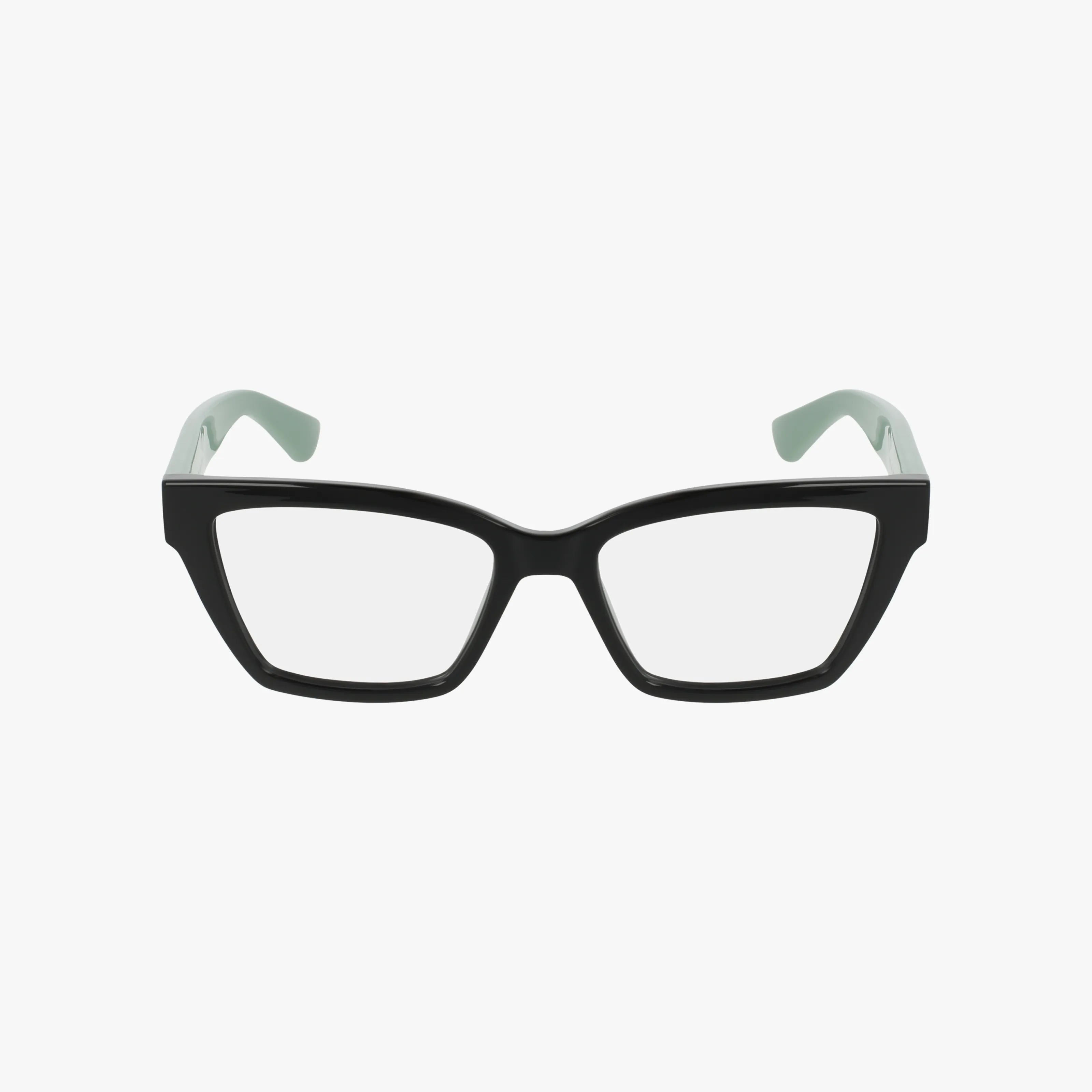 The GG1715O eyeglasses feature a black cat-eye design with a lightweight frame, clear lenses, and pale green earpieces, shown on a plain white background.