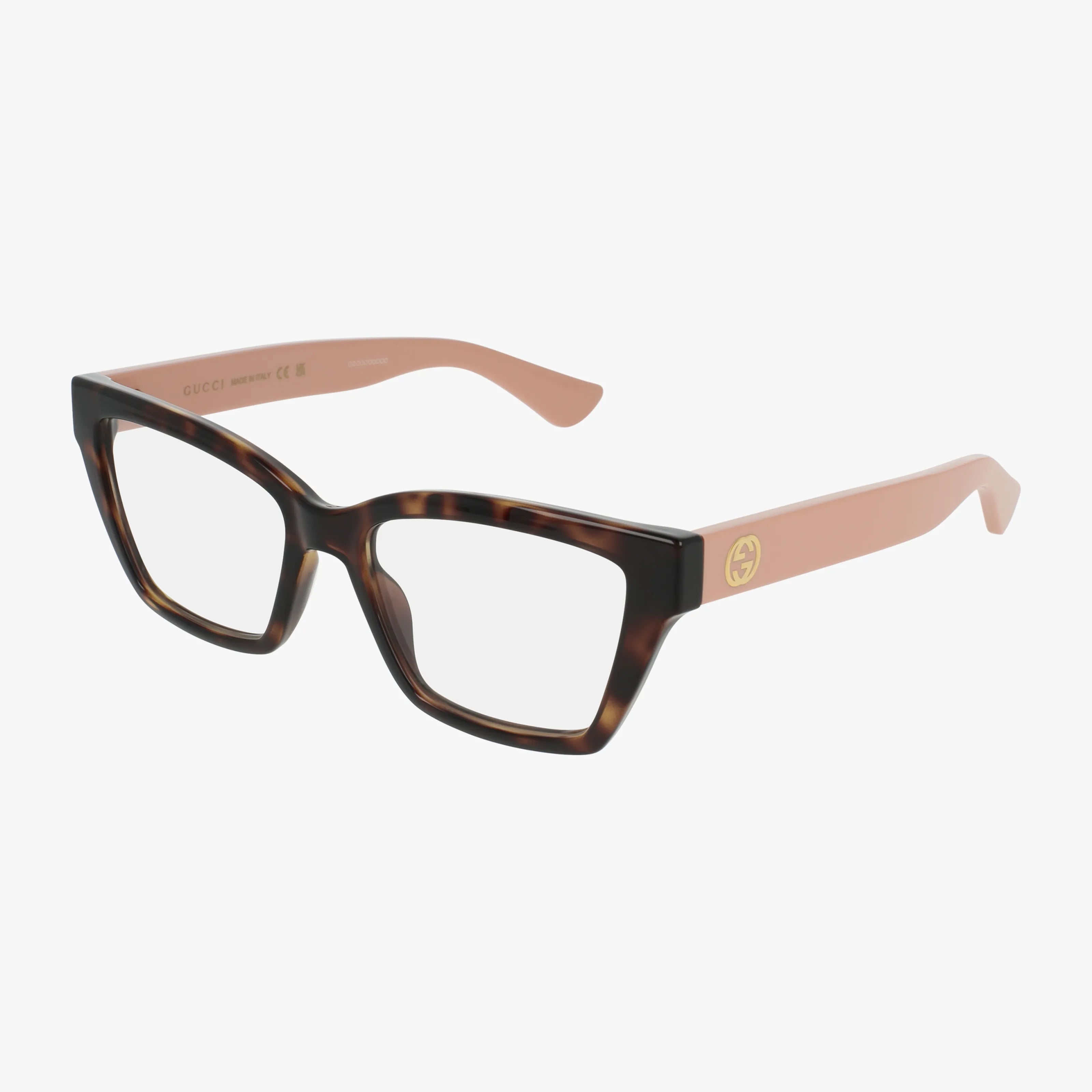 The GG1715O eyeglasses feature a tortoiseshell rectangular frame with pink arms, a yellow Gucci logo on the temples, and a lightweight design, shown on a white background.