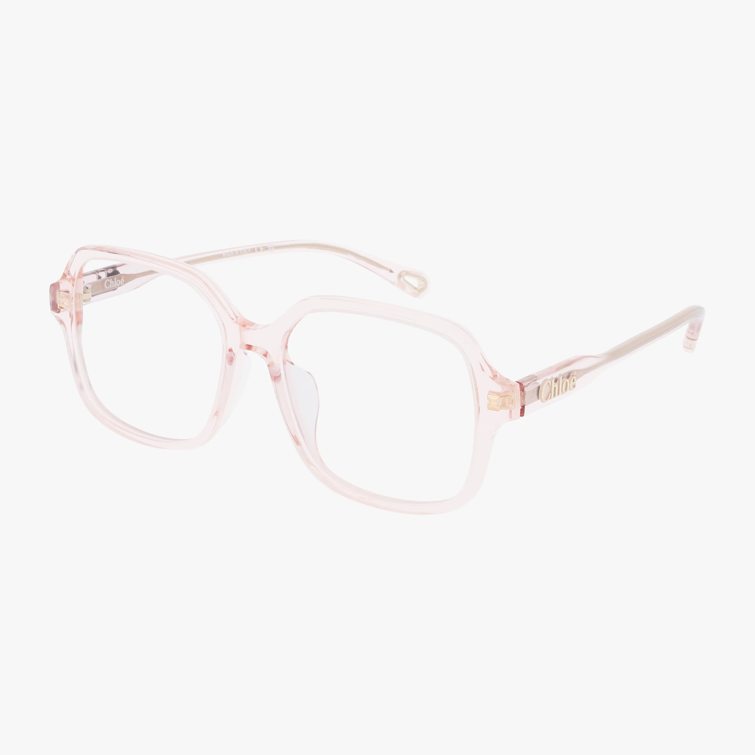 The CH0255SK features transparent light pink square frames with gold hinge accents and Chloé logos on the temples, plus a lightweight design, all shown on a white background.