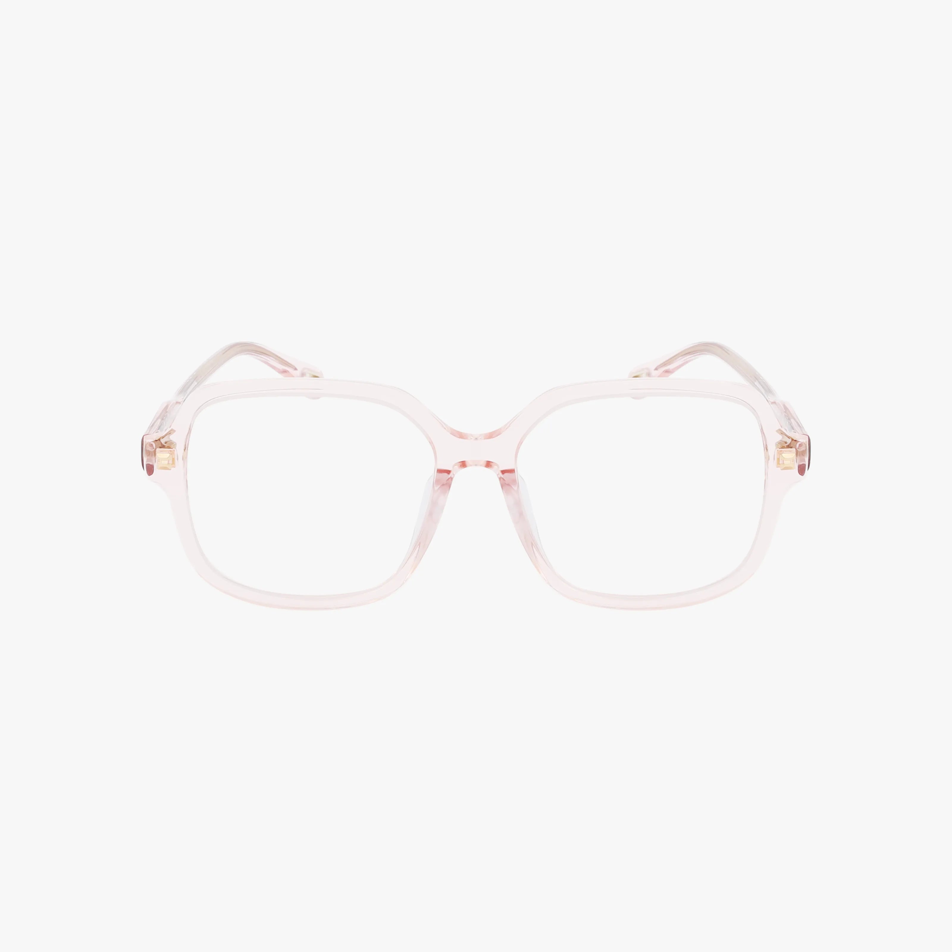 CH0255SK: Clear pink, square-shaped eyewear with slightly oversized lenses and a transparent, lightweight frame, displayed facing forward on a white background.