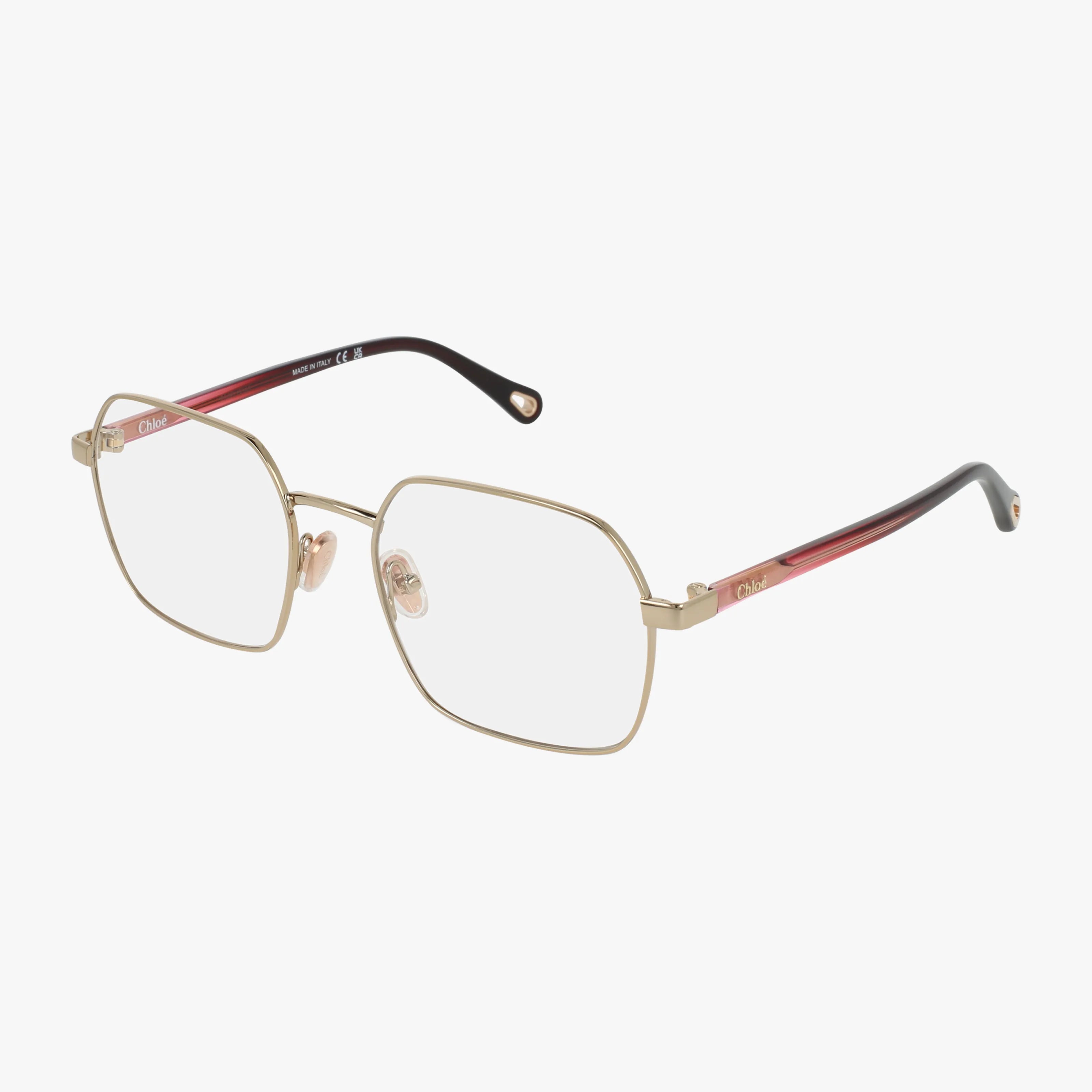 The CH0268O features gold metal square frames with clear lenses, adjustable nose pads, and dark arms showcasing a gold-to-dark red gradient near the hinges for enduring elegance and a modern look.