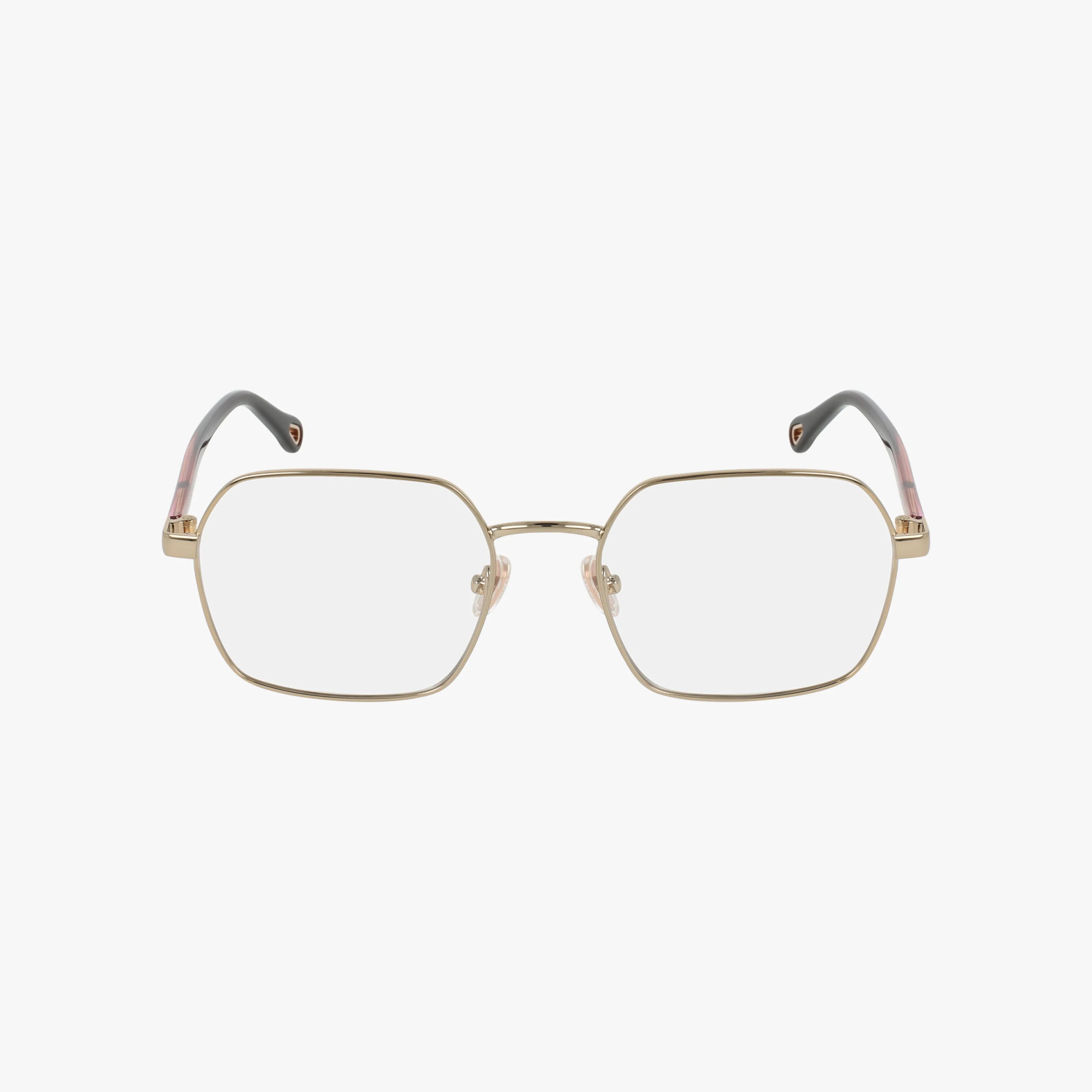 The CH0268O features gold, thin metal rectangular frames with clear lenses and black-tipped arms, displayed on a white background—a timeless, elegant choice for anyone desiring a chic eyeglass frame.