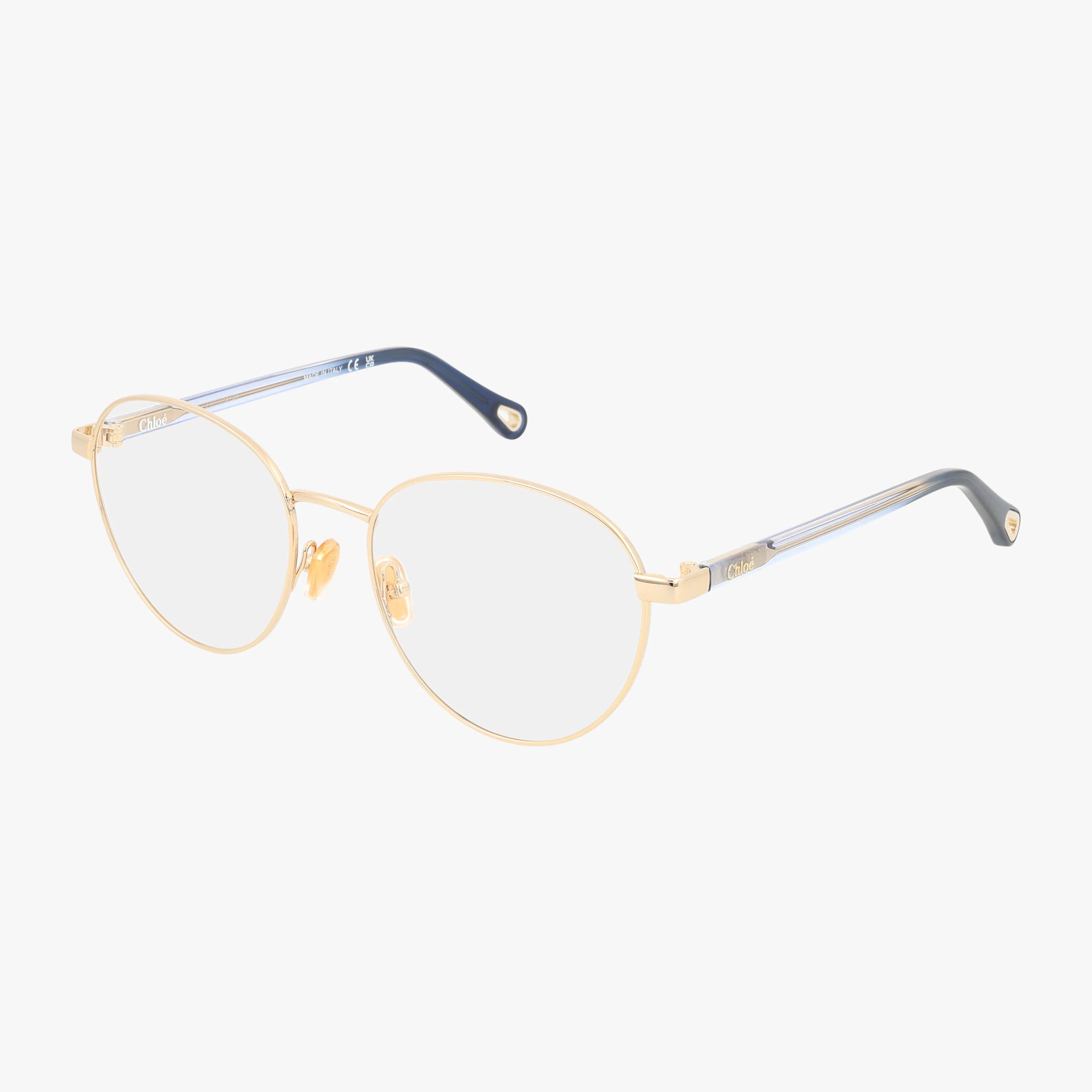 CH0269O gold metal oval eyeglasses with a minimalist frame, clear prescription lenses, black temple tips, and adjustable nose pads are displayed on a white background.