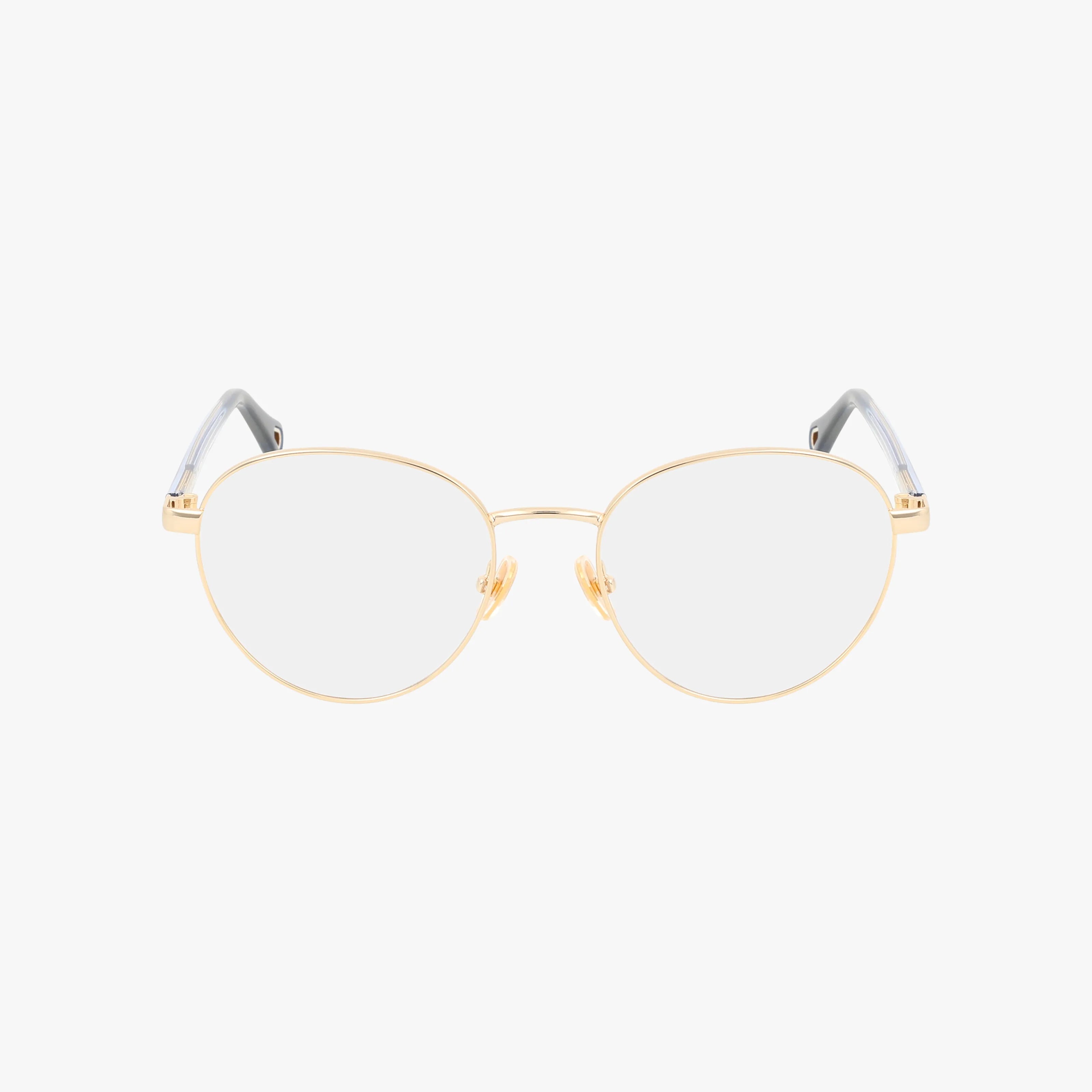 CH0269O gold metal eyeglasses feature a minimalist frame, round clear lenses, and black temple tips, shown against a plain white background.
