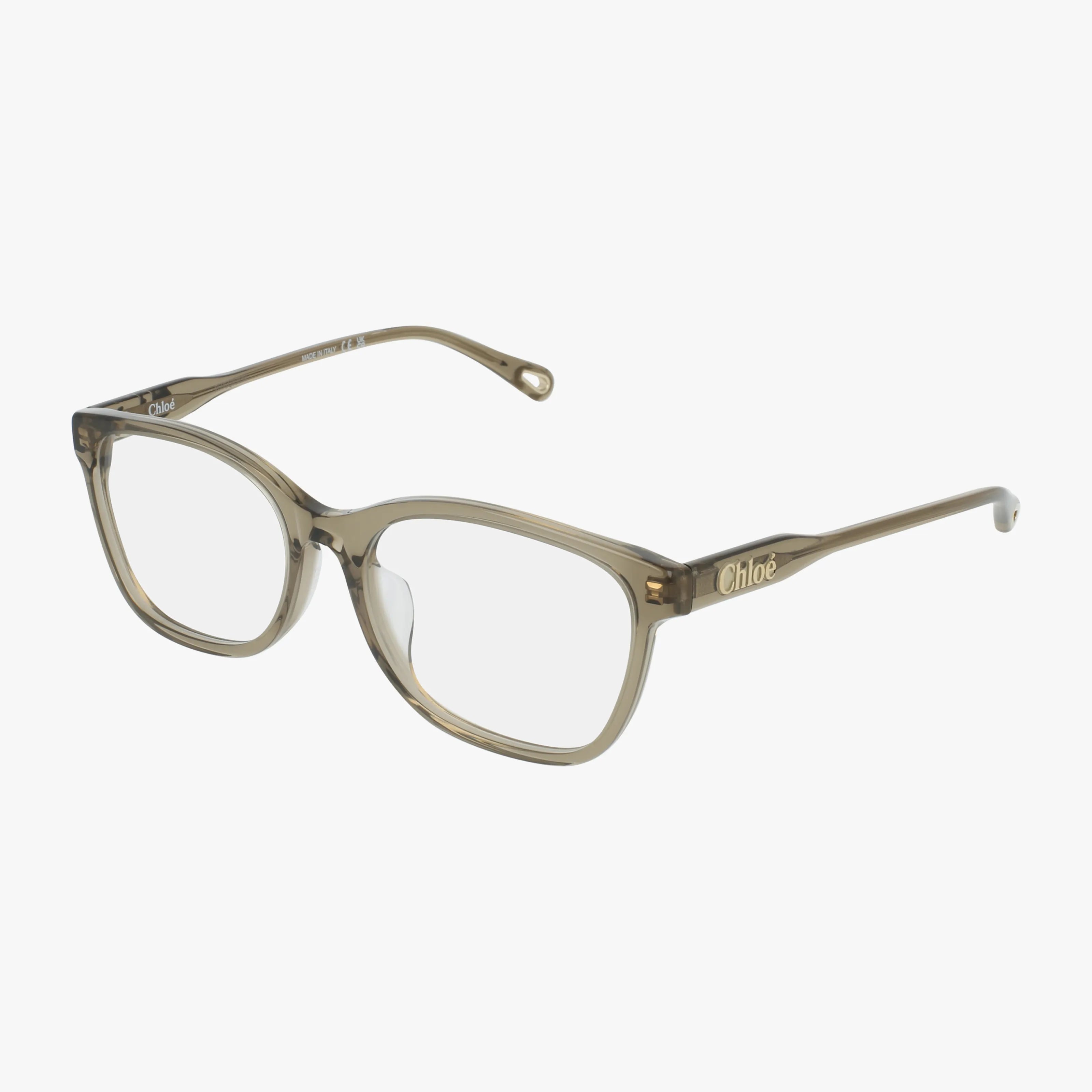 Transparent olive green rectangular CH0276OA eyeglasses with classic lines and clear lenses, featuring the Chloé brand name in gold on the temples, displayed on a white background.