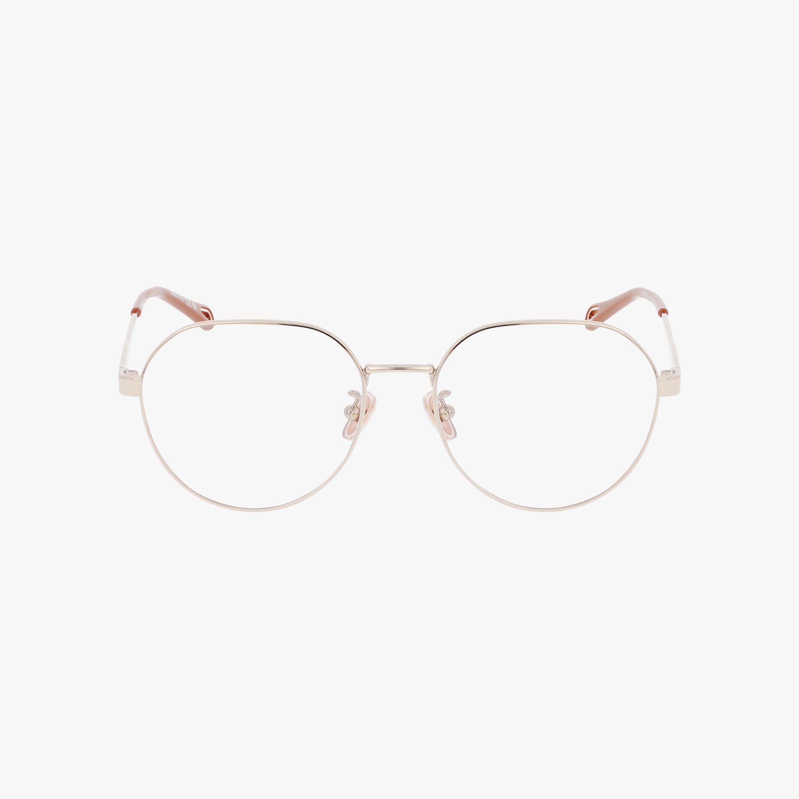 The CH0277OA features round gold metal frames with clear lenses and pink-tinted plastic temple tips, showcasing bold design details against a plain white background.