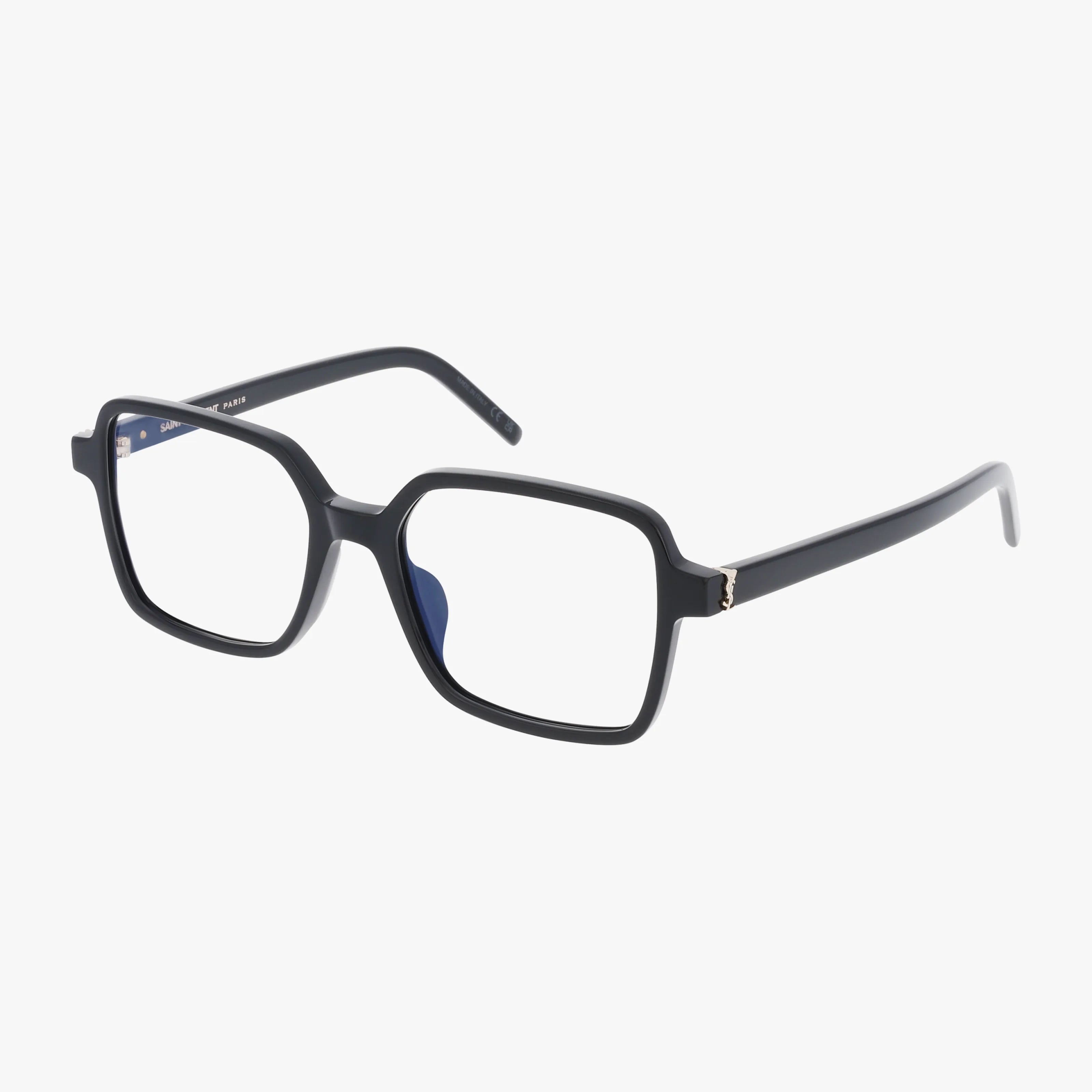 The SL M139 black eyeglasses feature square, slightly thick rims and clear lenses, displayed on a white background at an angle showcasing both the front and side of the frame.