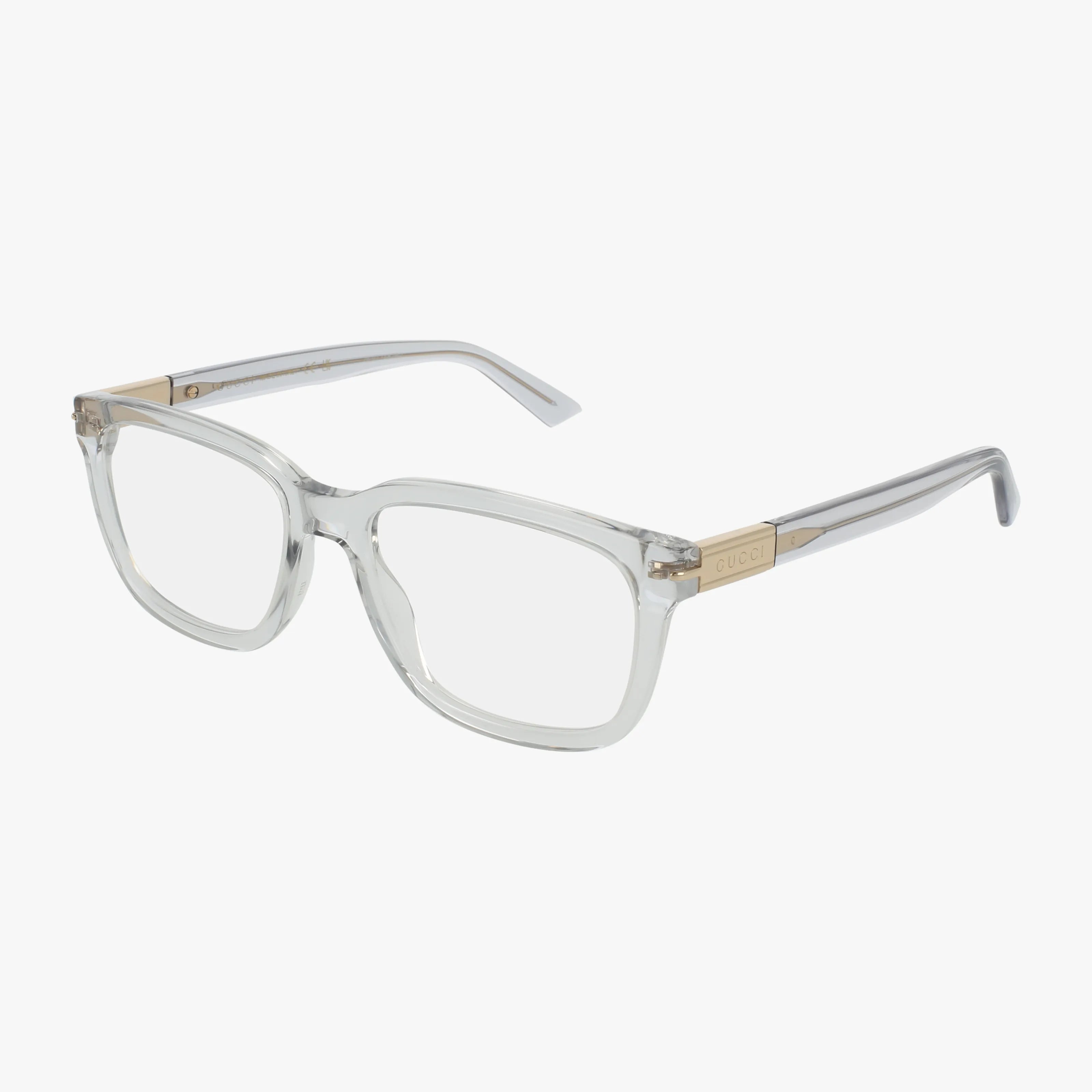 The GG1776O features clear rectangular eyeglasses with transparent frames and gold accents on the hinges and arms, delivering a bold standout design for everyday excellence, displayed on a white background.